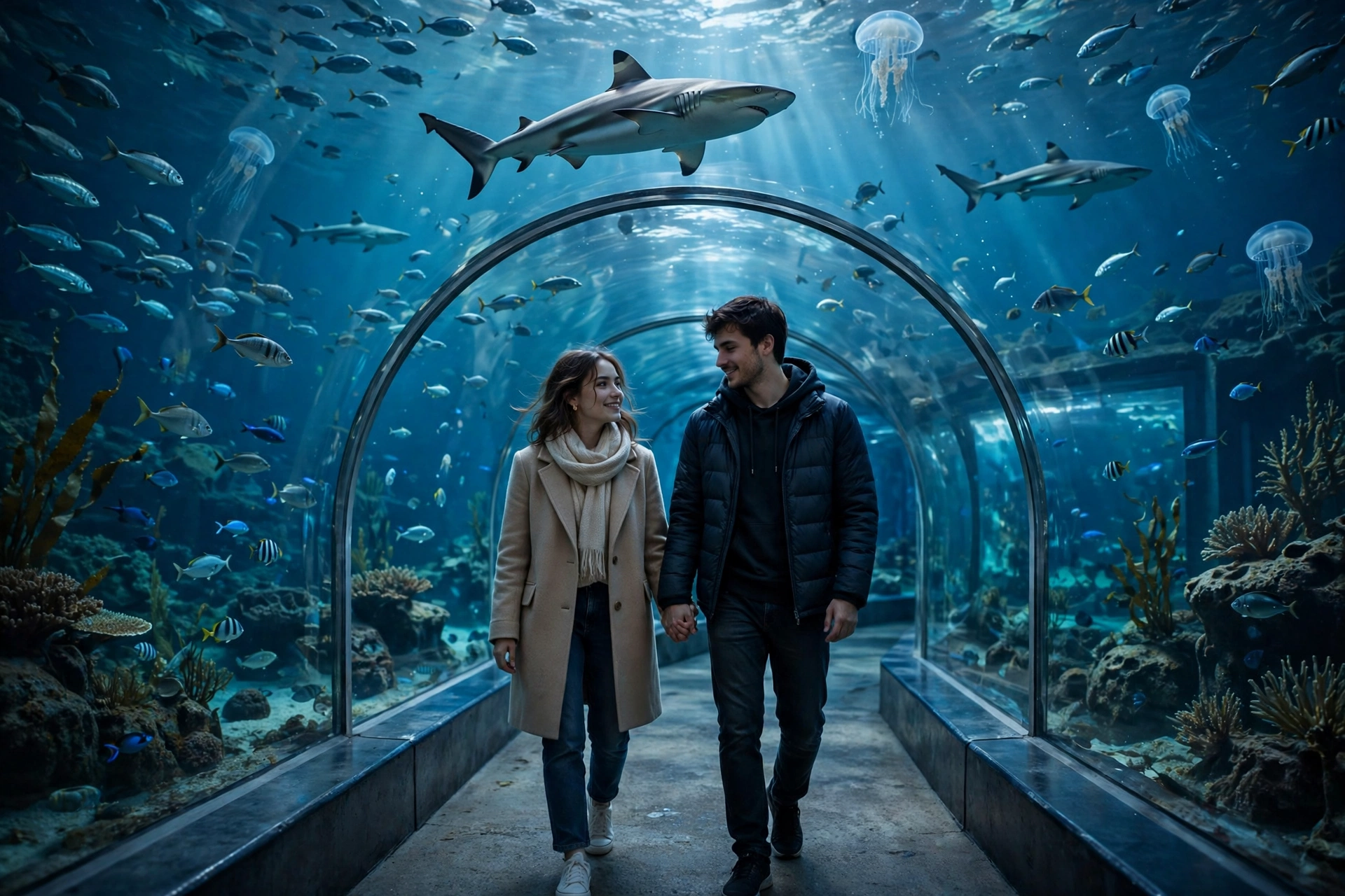 Create an ultra-realistic cinematic photograph of a young couple walking hand in hand through a curved glass aquarium tunnel, sharks and colorful fish