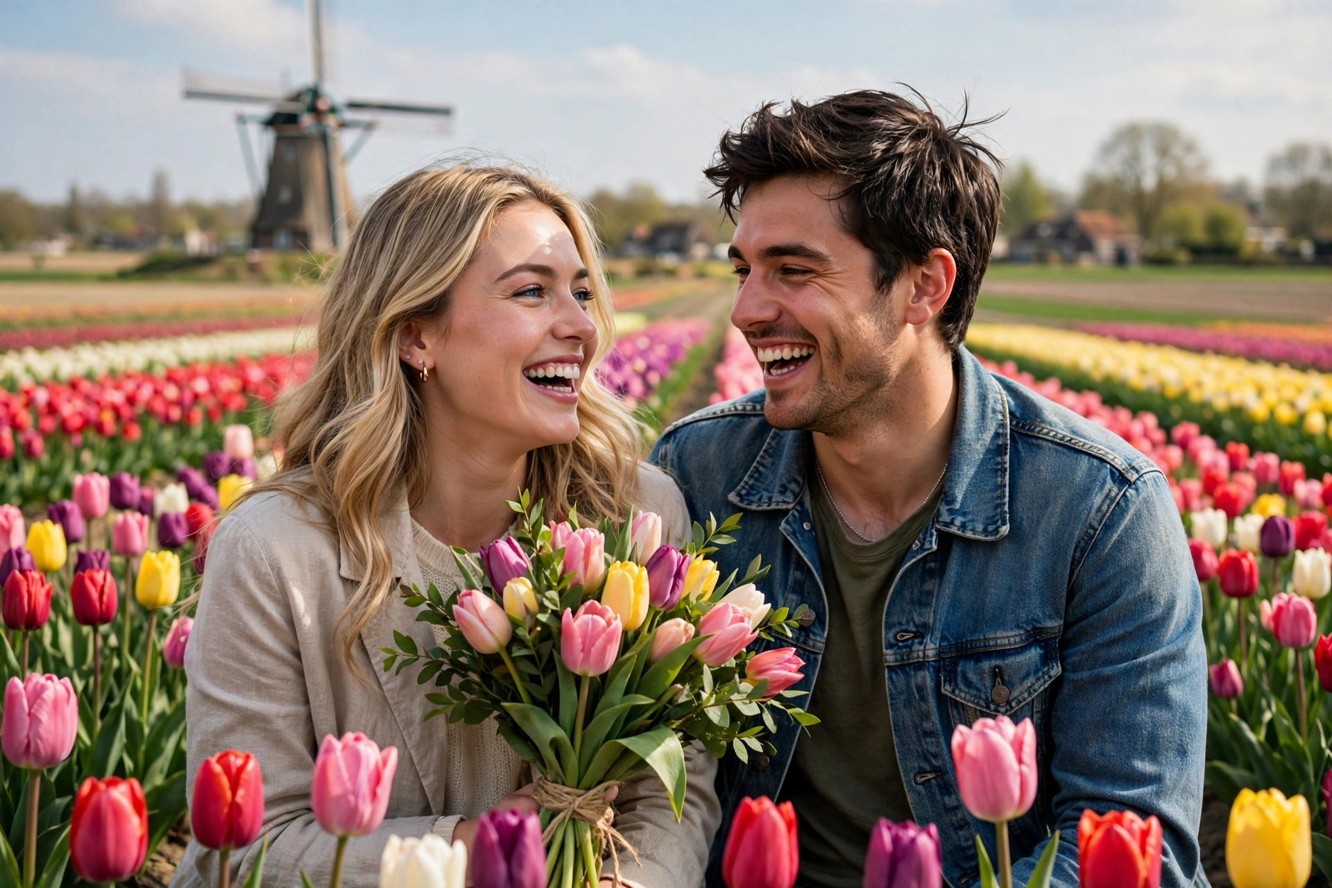 Create an ultra-realistic cinematic photograph of a young couple standing among long rows of red, yellow and pink tulips in full bloom, the woman hold