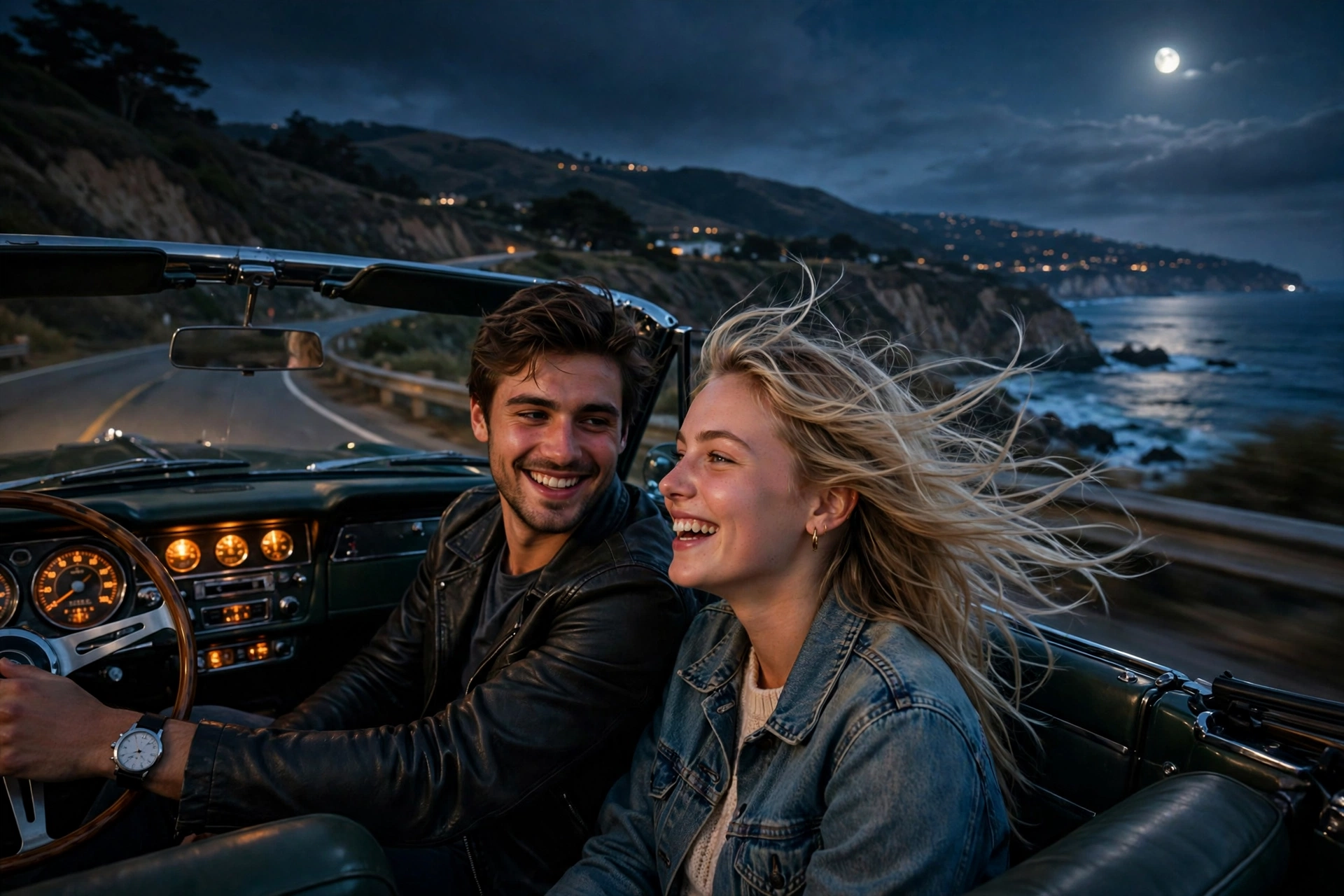 Create an ultra-realistic cinematic photograph of a young couple in a vintage convertible driving down an empty coastal highway at night, the woman's