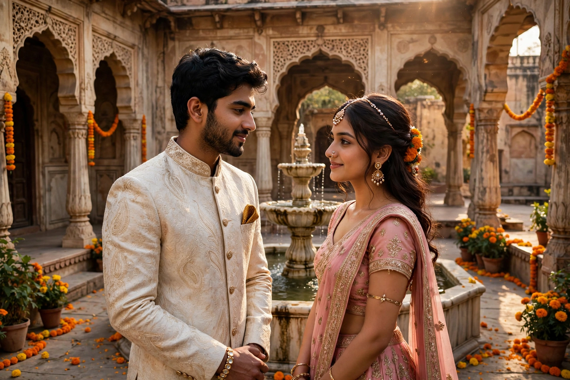 Create an ultra-realistic cinematic photograph of a young couple in elegant traditional outfits standing in the marble courtyard of an old Indian pala