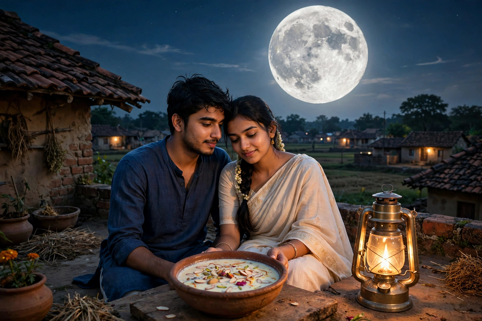 Create an ultra-realistic cinematic photograph of a young couple sitting on a charpai on a village rooftop at night during Sharad Purnima, a steel bow