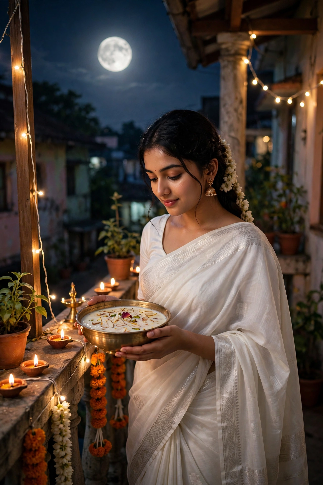 Create an ultra-realistic cinematic photograph of a young woman standing on a small home balcony at night during Sharad Purnima, holding a small silve