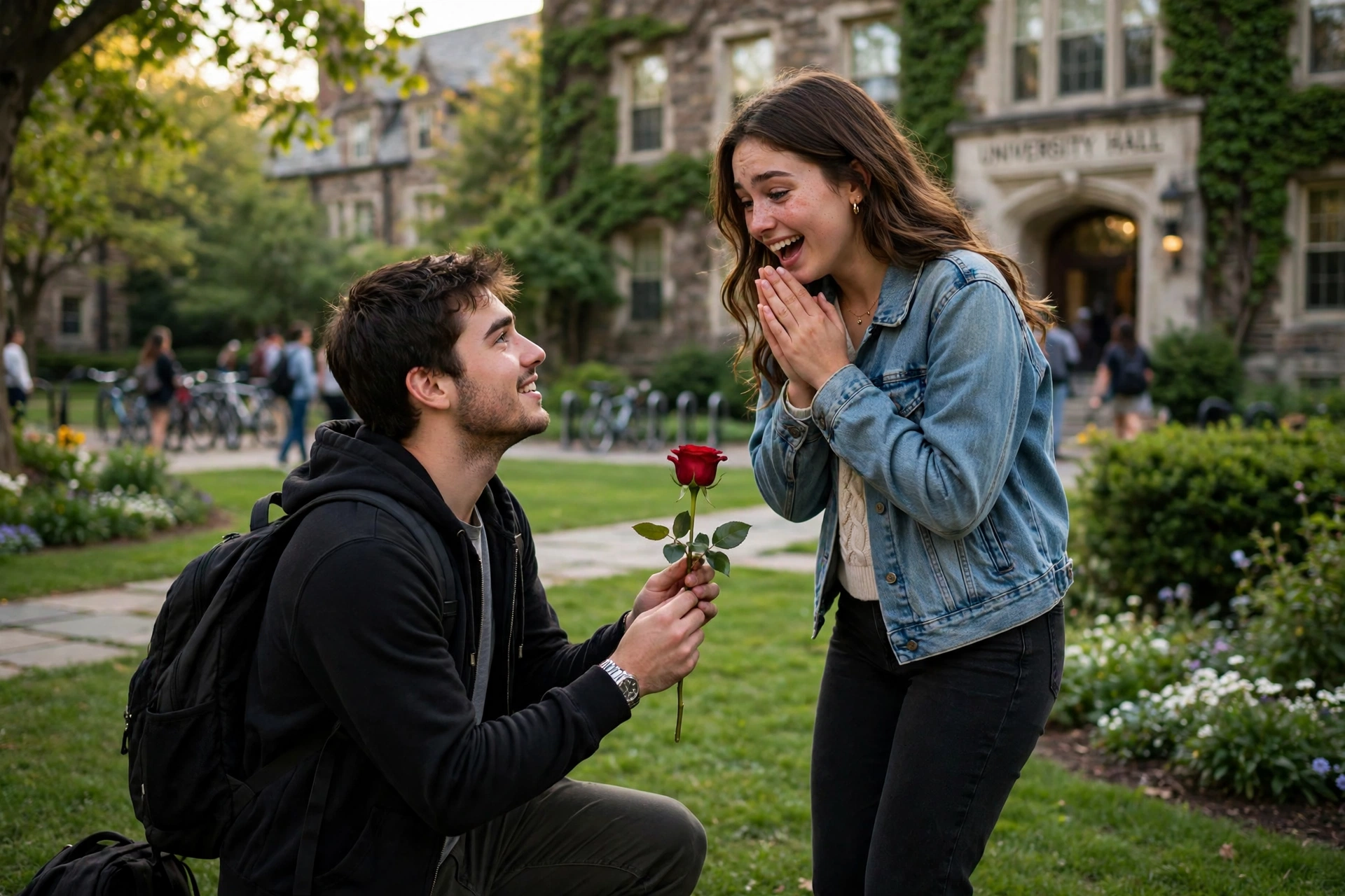 Create an ultra-realistic cinematic photograph of a young college couple in a green campus garden, the boy on one knee holding out a single red rose