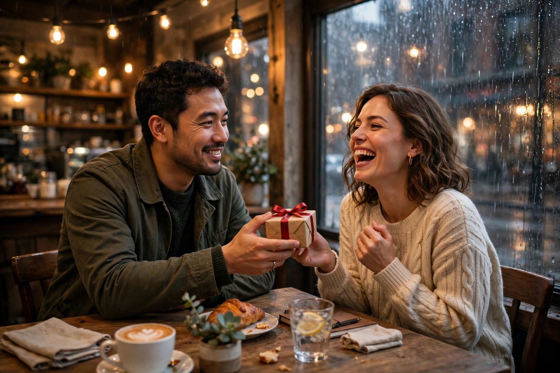 Create an ultra-realistic cinematic photograph of a young couple at a small cafe table by the window, the man sliding a tiny gift box across the table