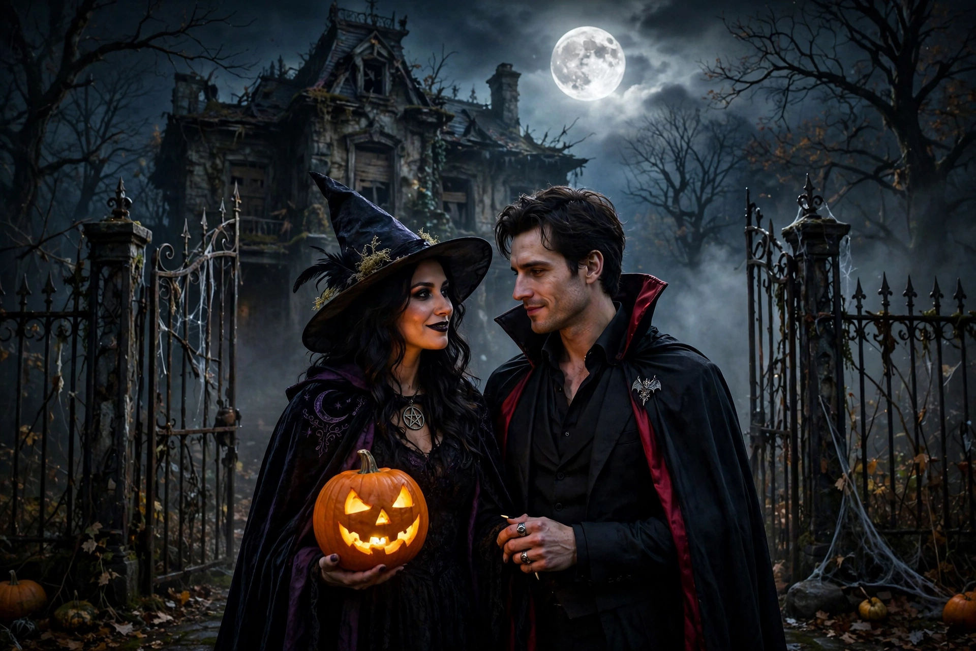 Create an ultra-realistic cinematic photograph of a young couple in Halloween costumes standing at the creaky gate of an old haunted house at night, t