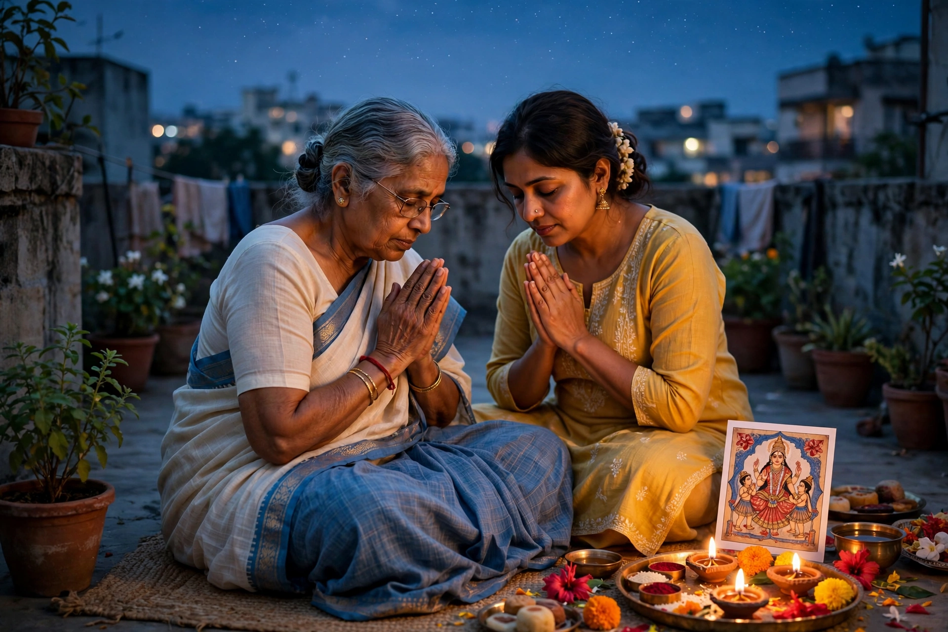 Create an ultra-realistic cinematic photograph of a mother and grandmother standing together on a home terrace at dusk during Ahoi Ashtami, both with