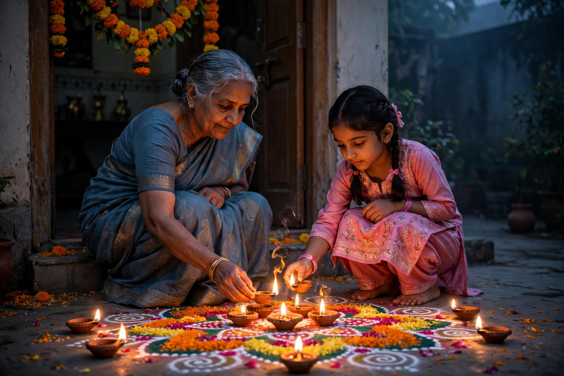 Create an ultra-realistic cinematic photograph of a grandmother and her young granddaughter placing lit clay diyas around a colorful rangoli at their