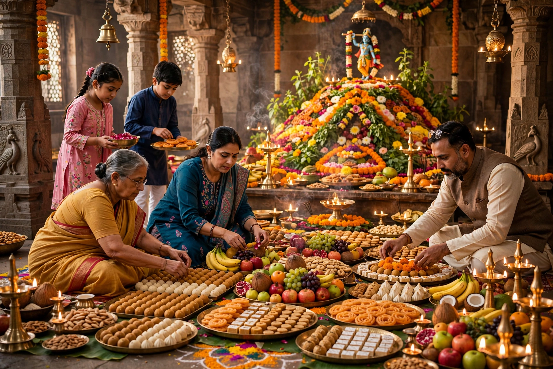 Create an ultra-realistic cinematic photograph of an Indian family serving a huge Annakut offering inside a temple hall during Govardhan Puja, parents