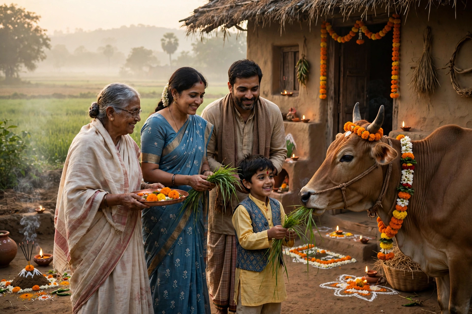 Create an ultra-realistic cinematic photograph of a village family feeding a decorated cow outside their rural home at dawn during Govardhan Puja, the