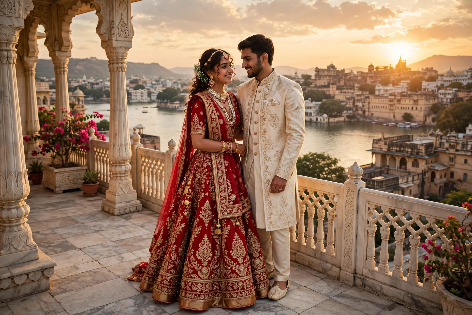 Create an ultra-realistic cinematic photograph of a young couple in wedding outfits standing on a marble terrace of Udaipur's City Palace at sunset, t