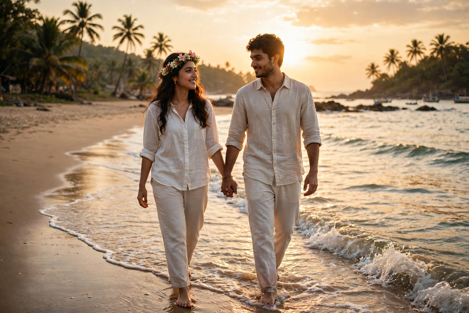 Create an ultra-realistic cinematic photograph of a young couple walking barefoot along a Goa beach at golden hour, the bride-to-be in a flowing white