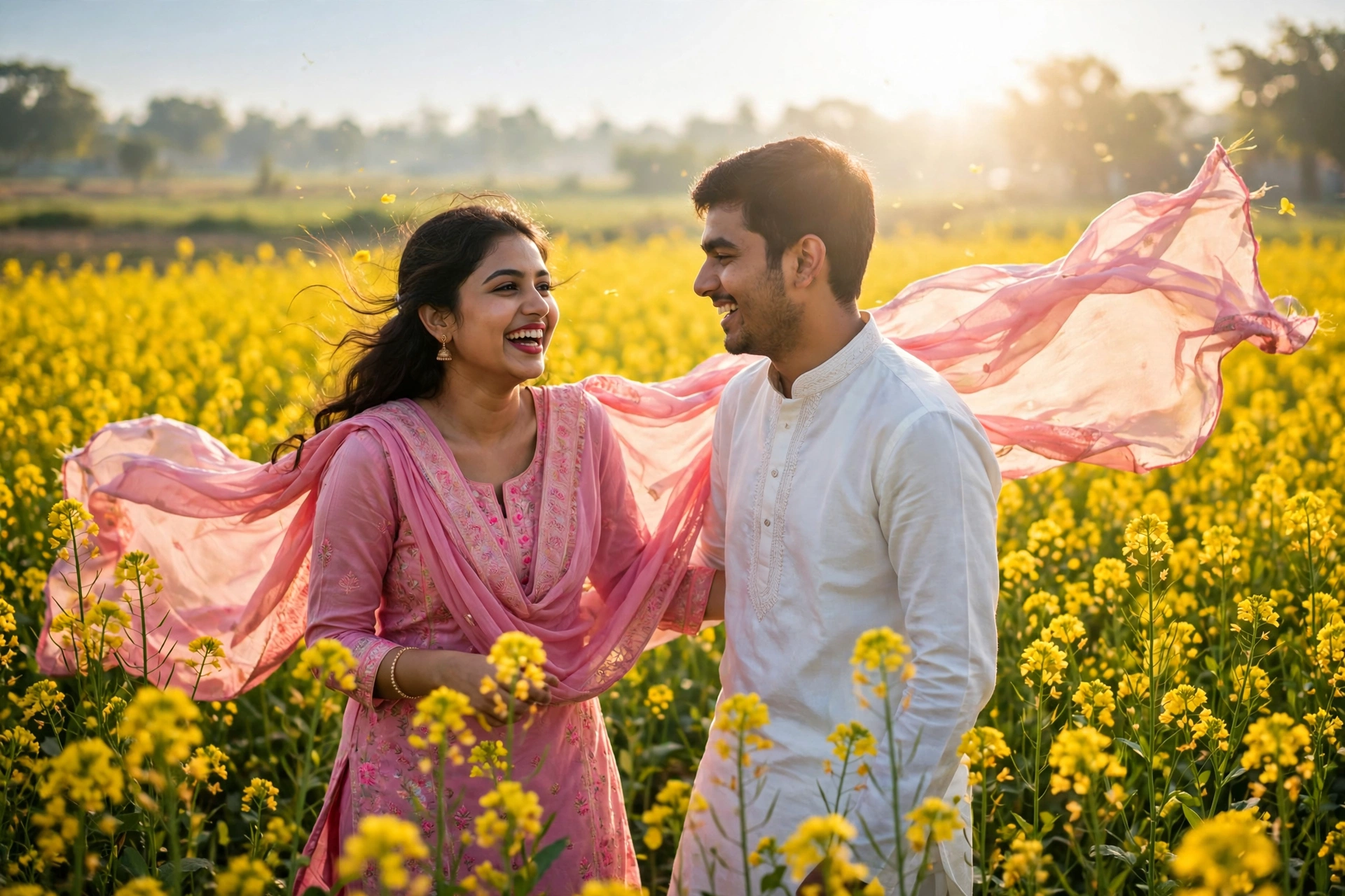 Create an ultra-realistic cinematic photograph of a young couple standing close together in a blooming yellow mustard field in Punjab, the bride-to-be
