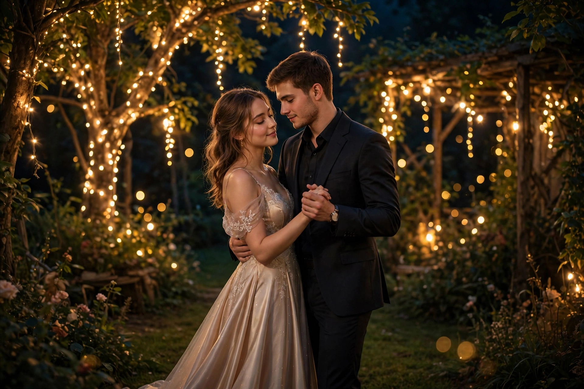 Create an ultra-realistic cinematic photograph of a young couple slow-dancing in a garden strung with warm fairy lights at night, the bride-to-be in a