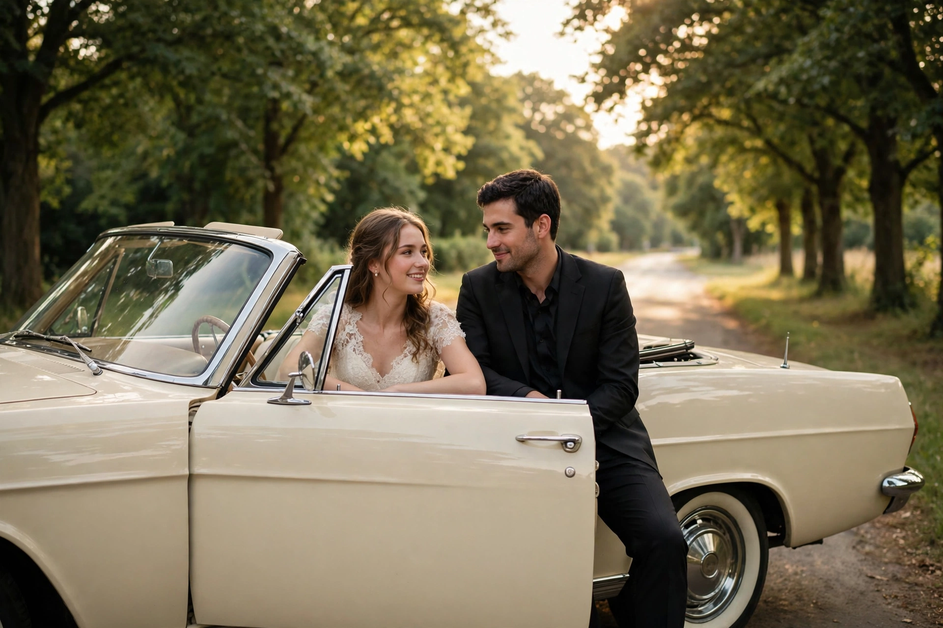 Create an ultra-realistic cinematic photograph of a young couple leaning against a polished vintage cream-colored convertible car on a quiet tree-line