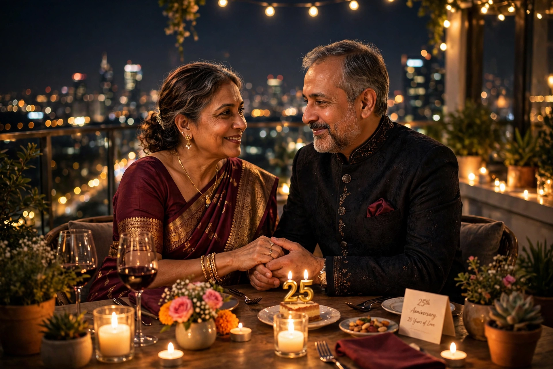 Create an ultra-realistic cinematic photograph of a happy middle-aged couple celebrating their 25th wedding anniversary at a candlelit rooftop dinner