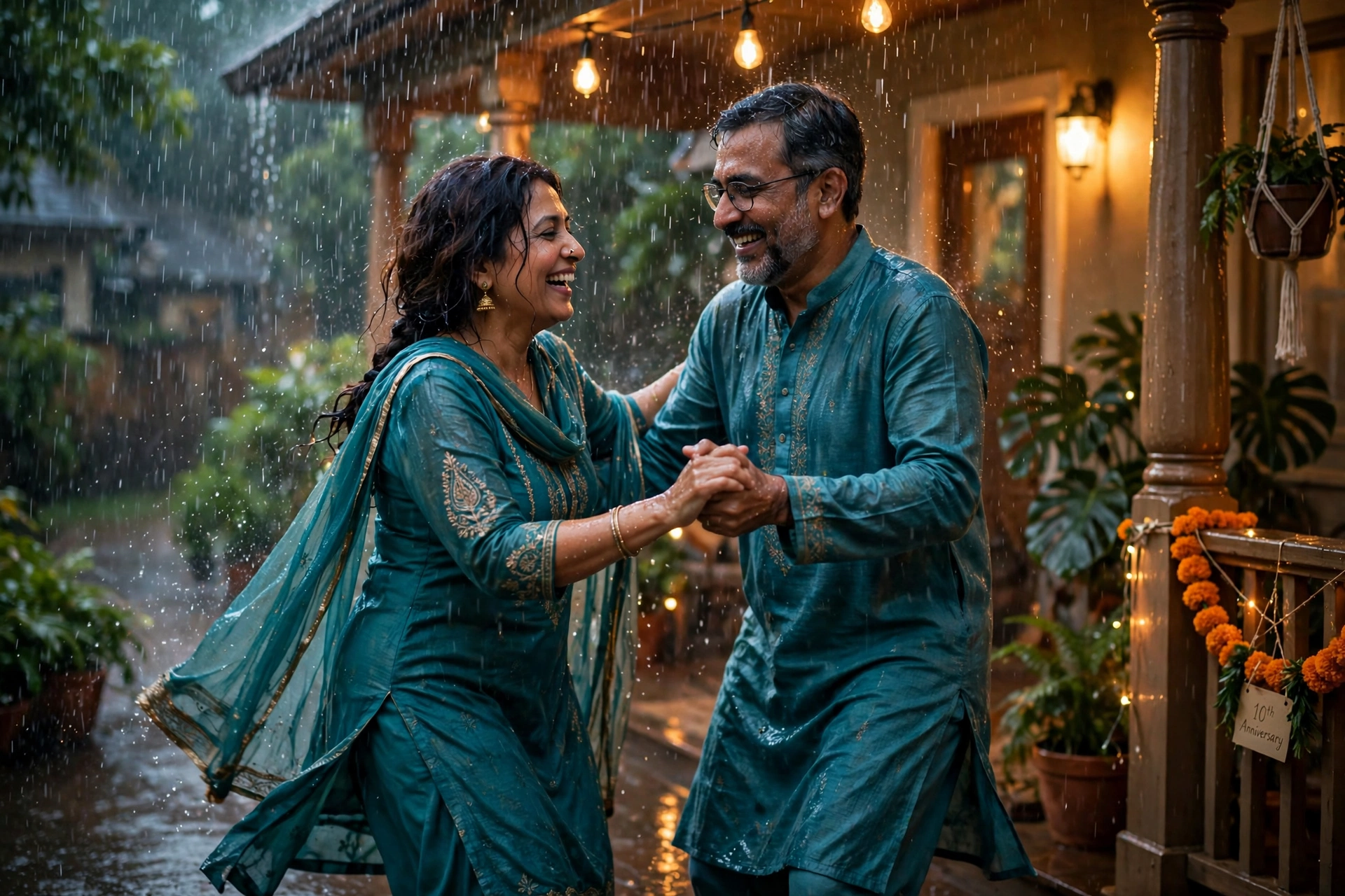Create an ultra-realistic cinematic photograph of a joyful middle-aged couple dancing together in warm summer rain on their anniversary, the wife in a