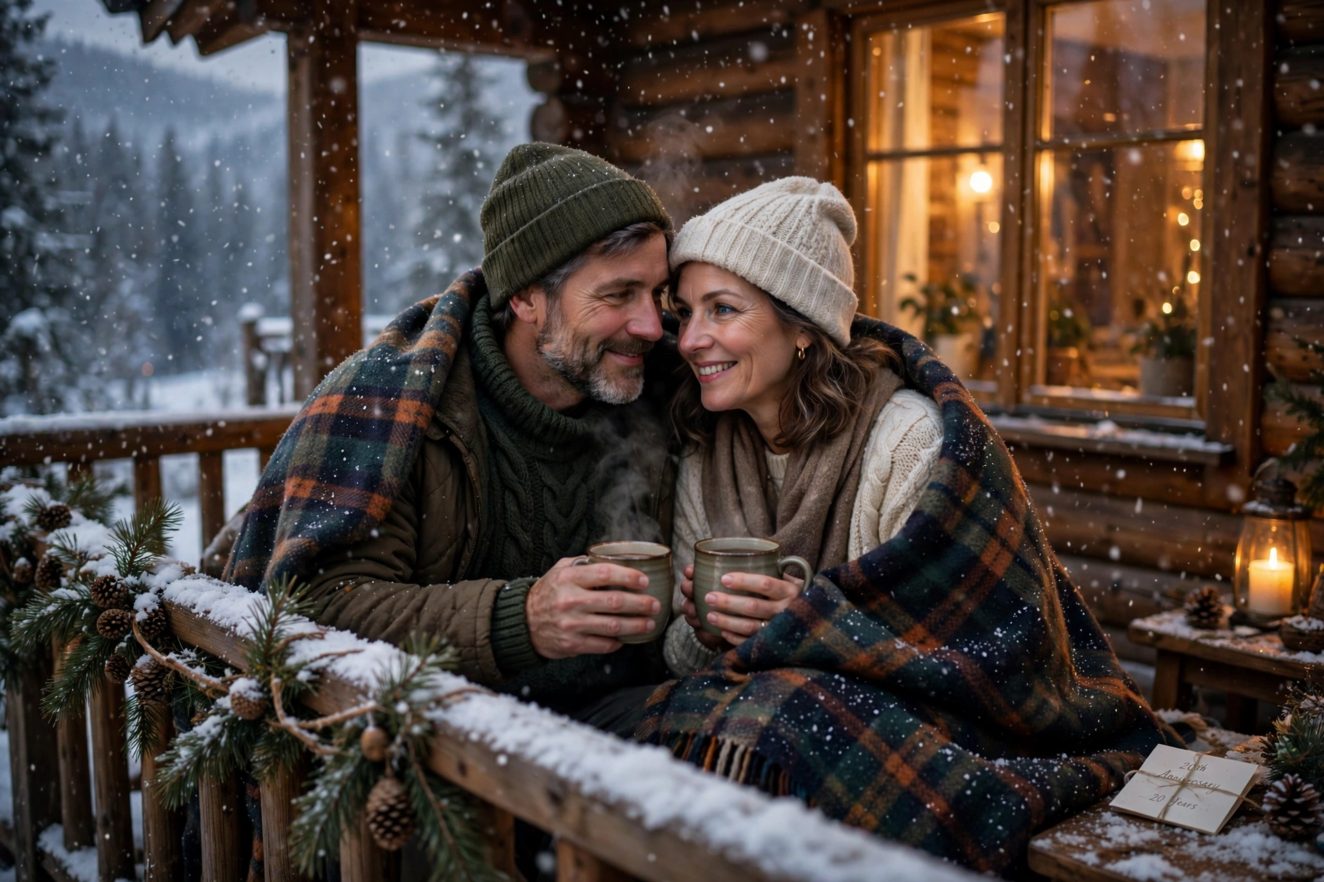 Create an ultra-realistic cinematic photograph of a cozy middle-aged couple on the wooden porch of a mountain cabin in falling snow, wrapped together