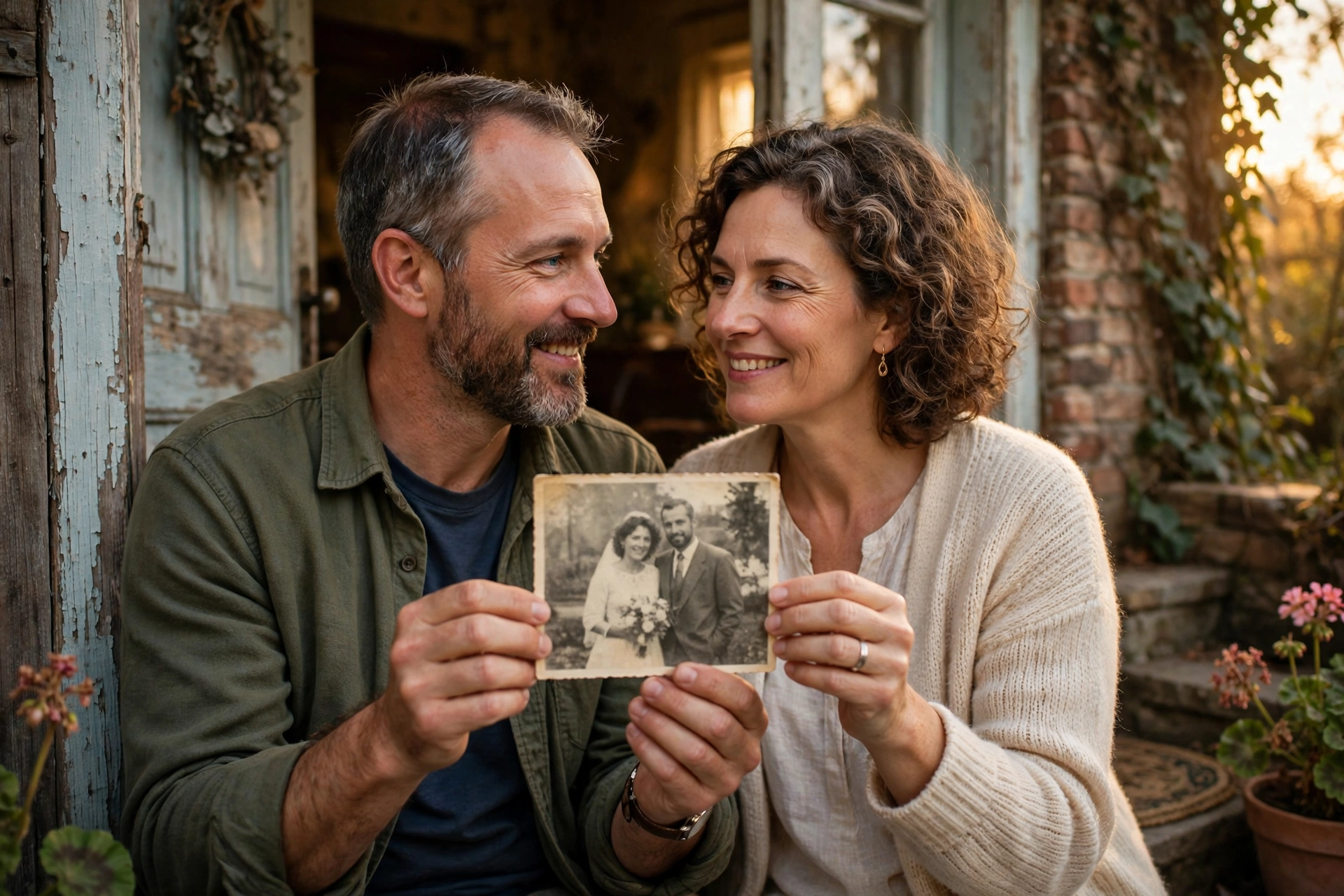 Create an ultra-realistic cinematic photograph of a middle-aged couple lovingly recreating their old wedding photo pose in the same spot, the wife in