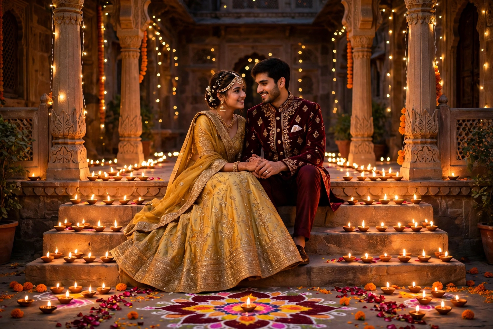 Create an ultra-realistic cinematic photograph of a young couple in wedding outfits standing on the steps of an old haveli courtyard lit by hundreds o