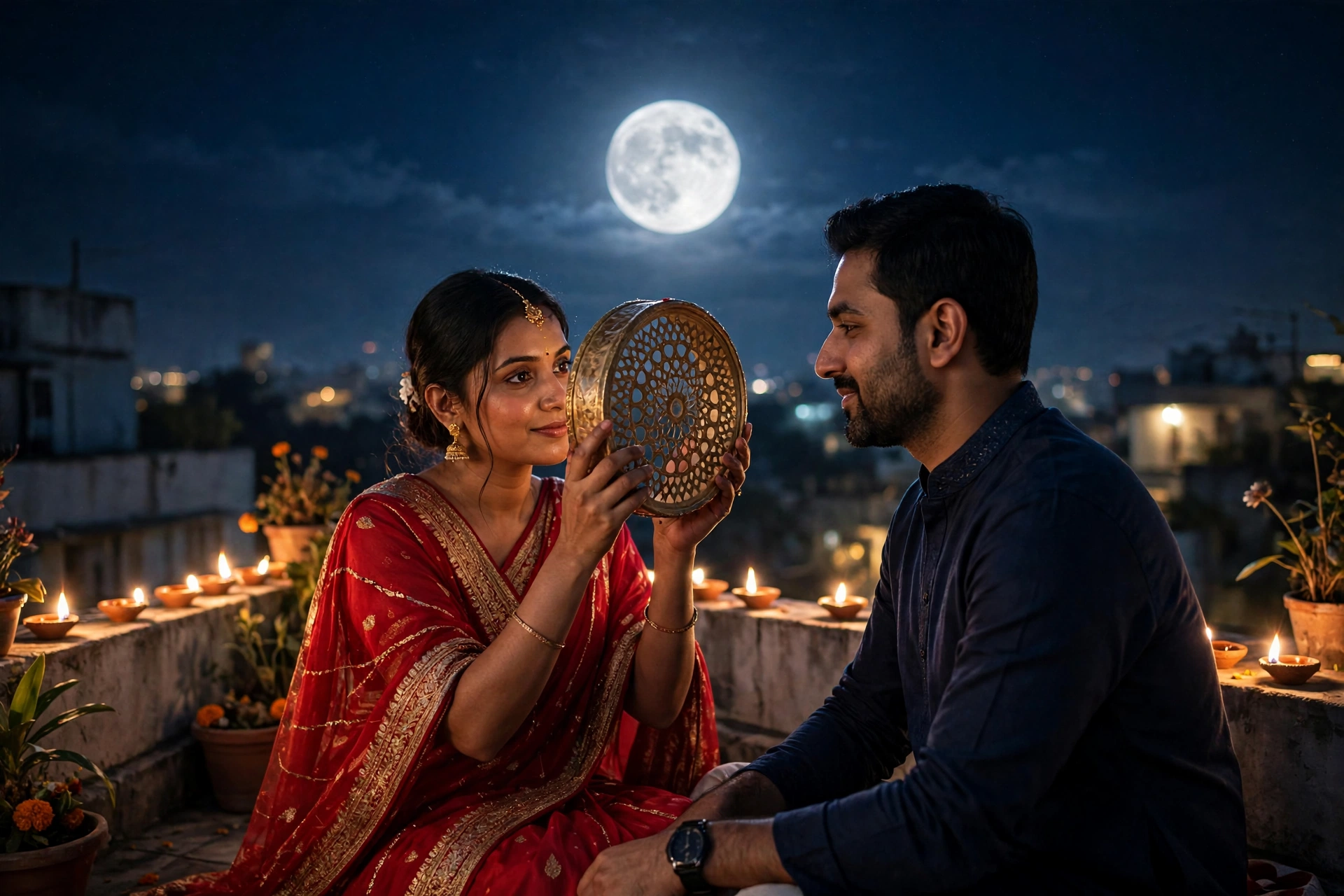 Create an ultra-realistic cinematic photograph of a young married couple on a moonlit rooftop terrace at night, the wife in a deep red saree with gold