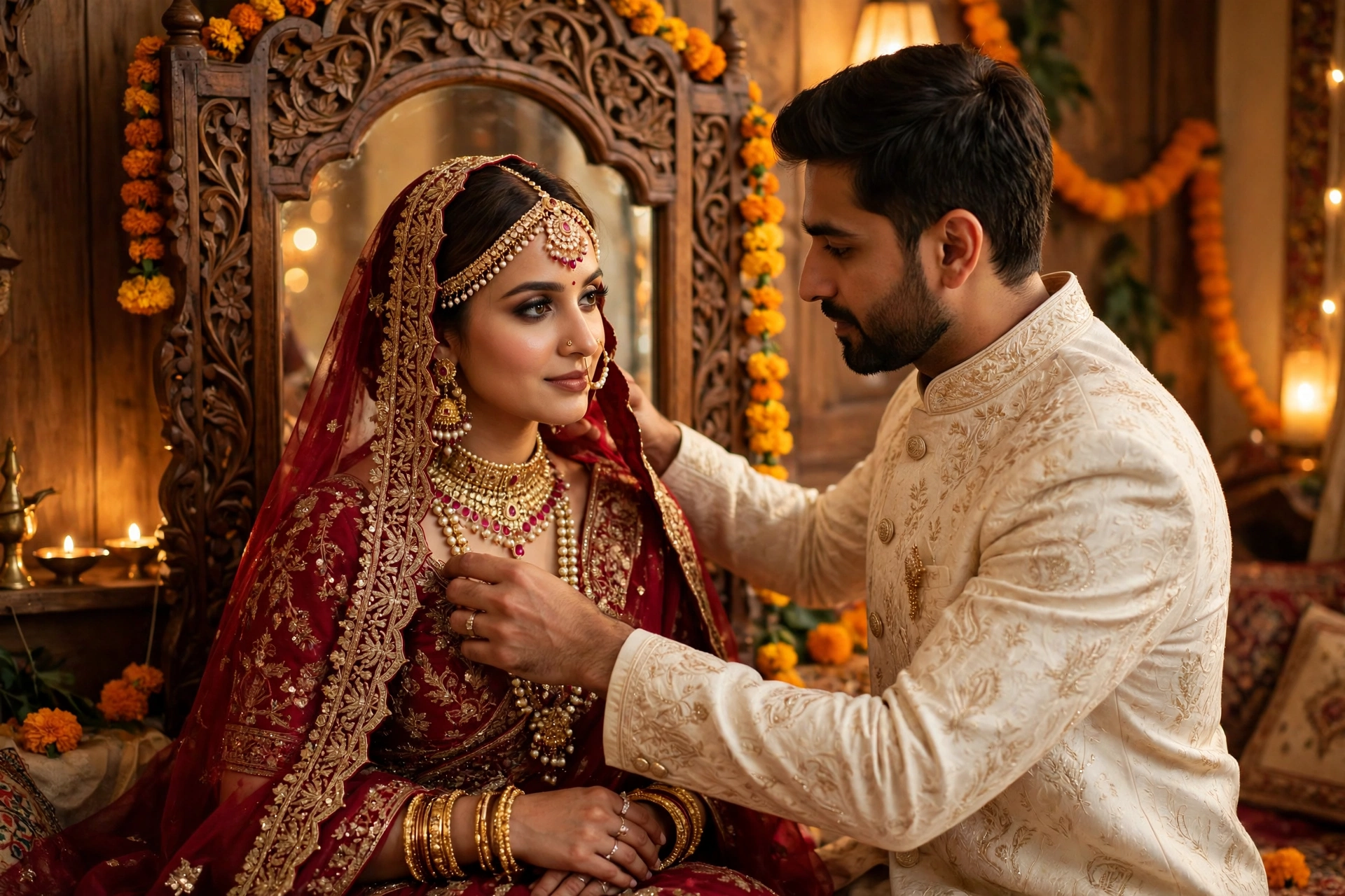 Create an ultra-realistic cinematic photograph of a young married couple standing together before a large carved wooden mirror, the wife dressed in fu