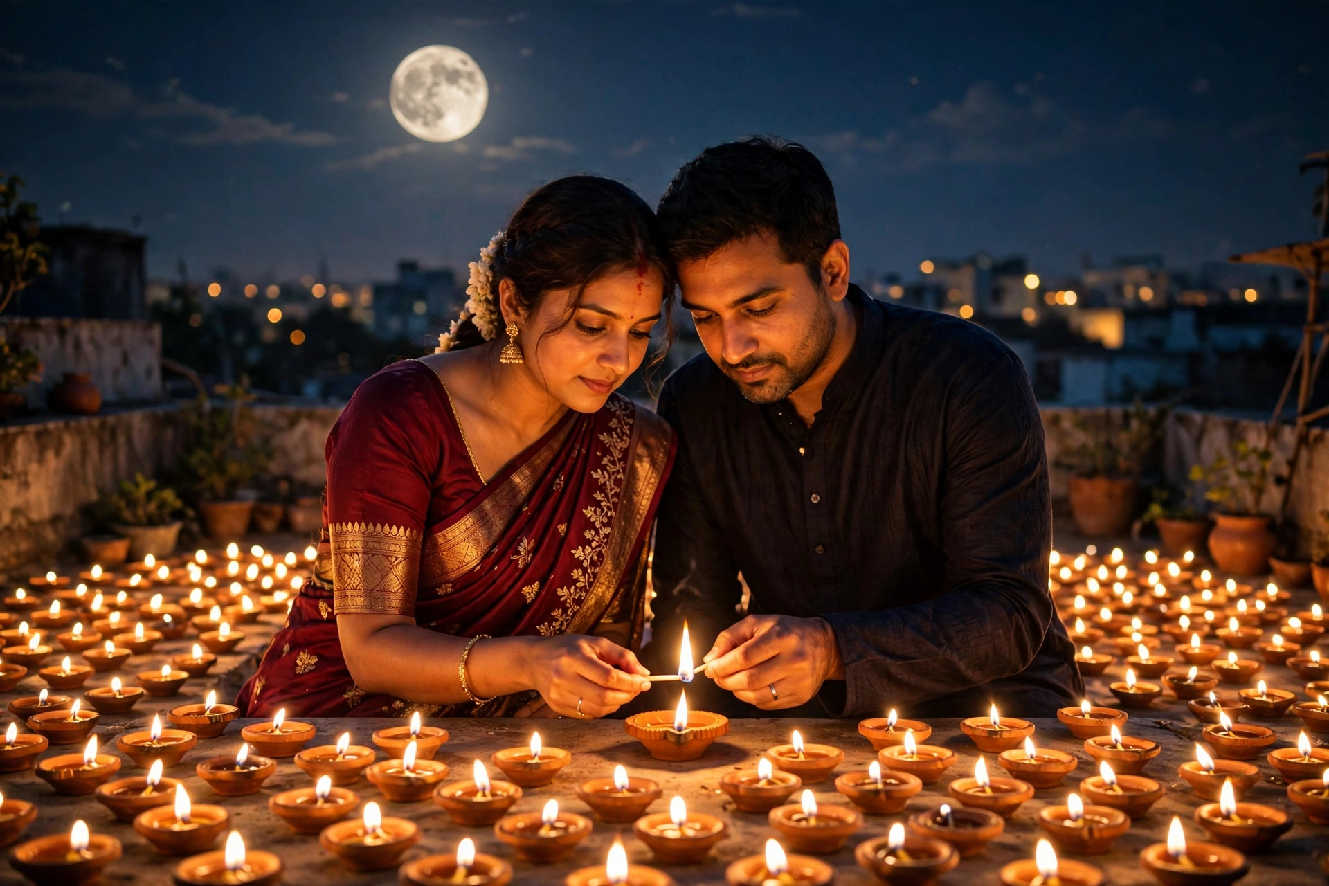 Create an ultra-realistic cinematic photograph of a young married couple kneeling together on a rooftop covered with hundreds of small lit clay diyas