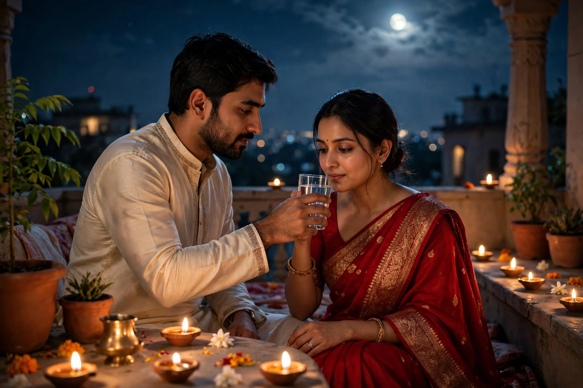 Create an ultra-realistic cinematic photograph of a tender moment on a moonlit terrace, a young husband in a cream kurta gently holding a steel glass