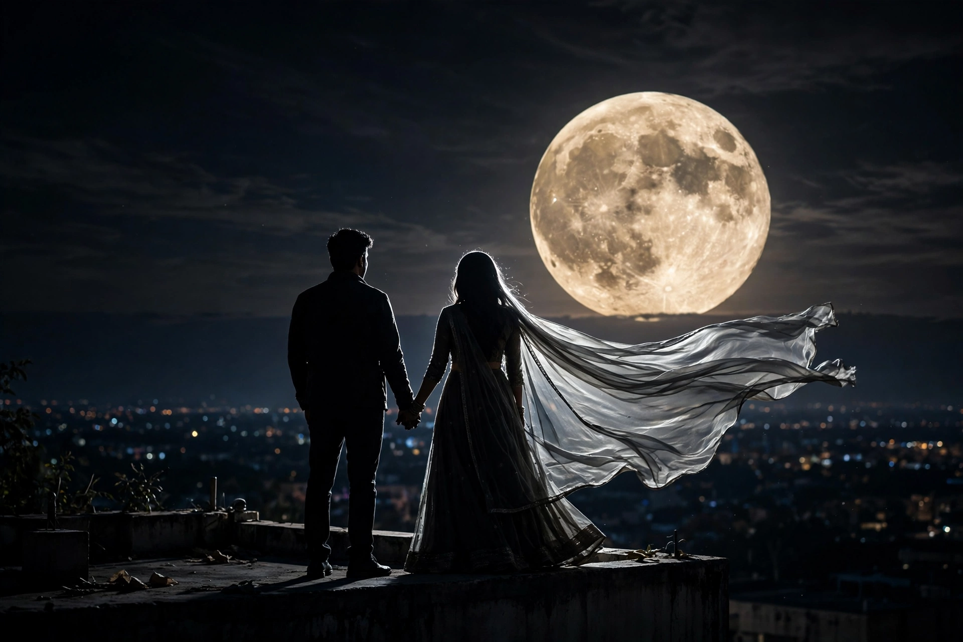 Create an ultra-realistic cinematic photograph of the dark silhouette of a married couple holding hands at the edge of a rooftop terrace, seen from be