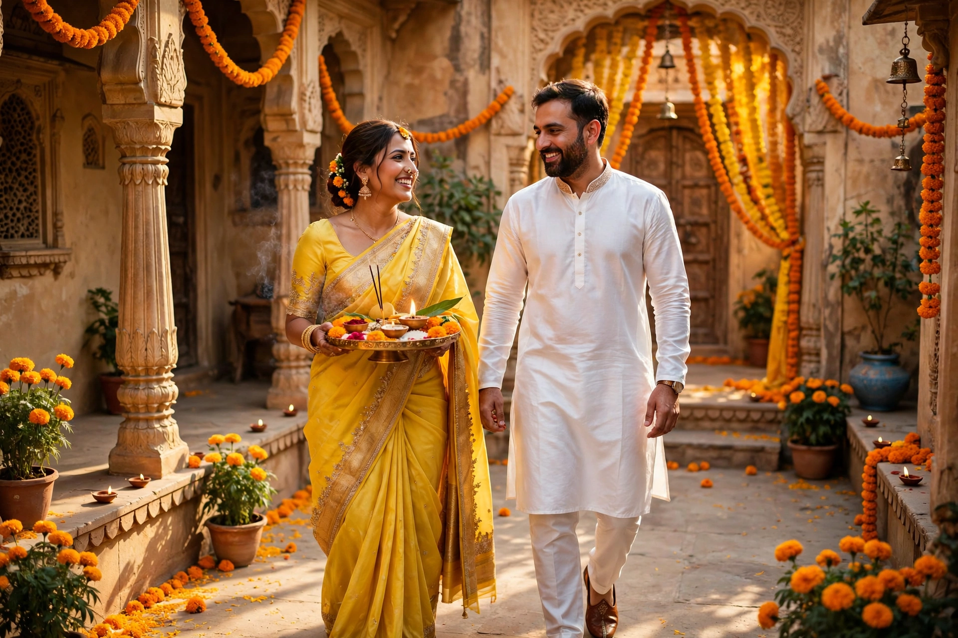 Create an ultra-realistic cinematic photograph of a happy young married couple walking hand in hand through a courtyard decorated with hanging marigol