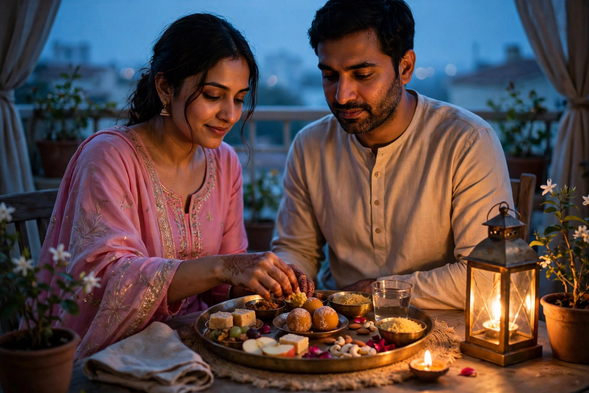 Create an ultra-realistic cinematic photograph of a young married couple sitting close together at a small dining table in the pre-dawn blue hour, sha