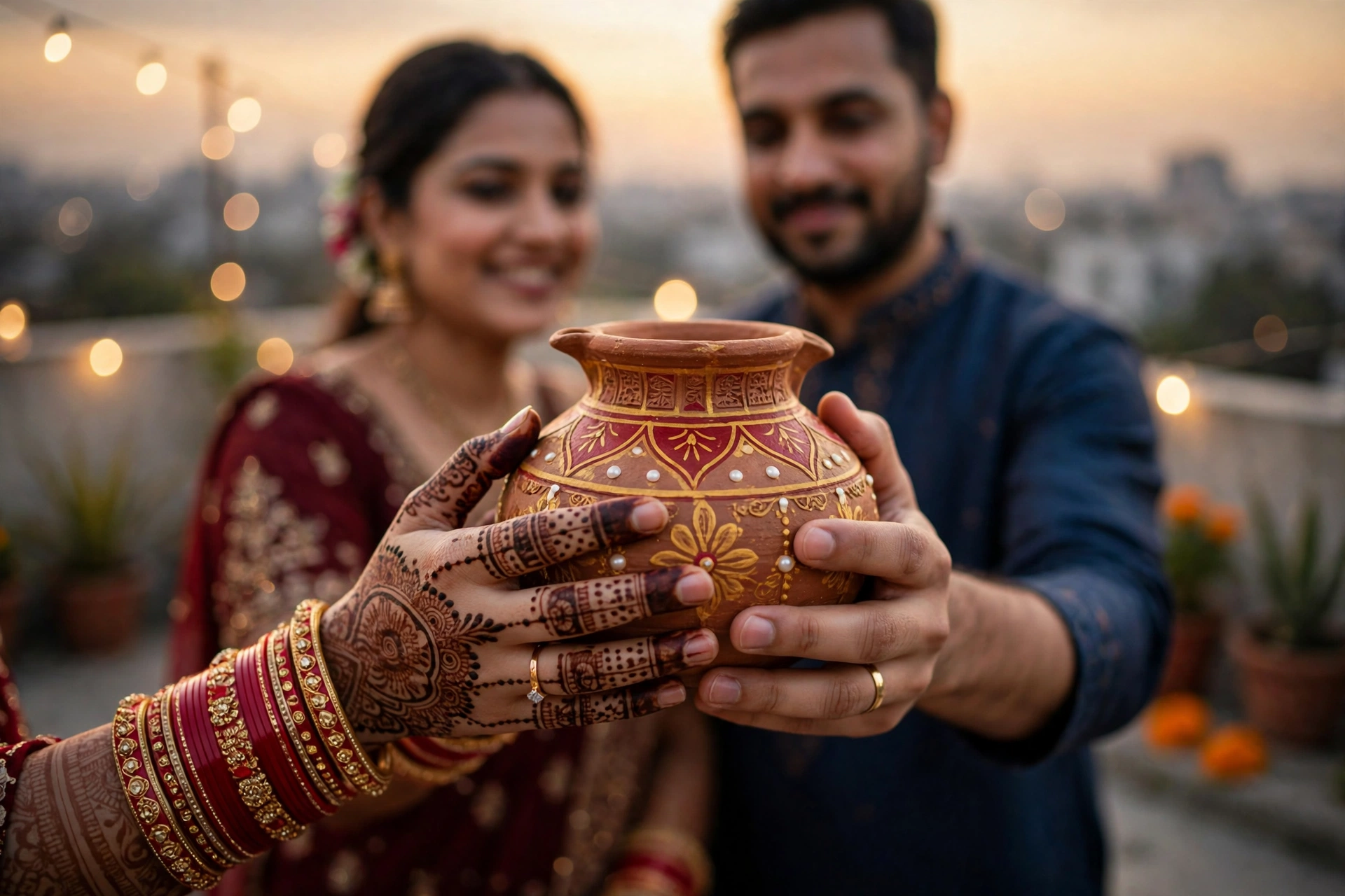 Create an ultra-realistic cinematic photograph of a close-up portrait of a young married couple's hands together holding a small decorated clay karva