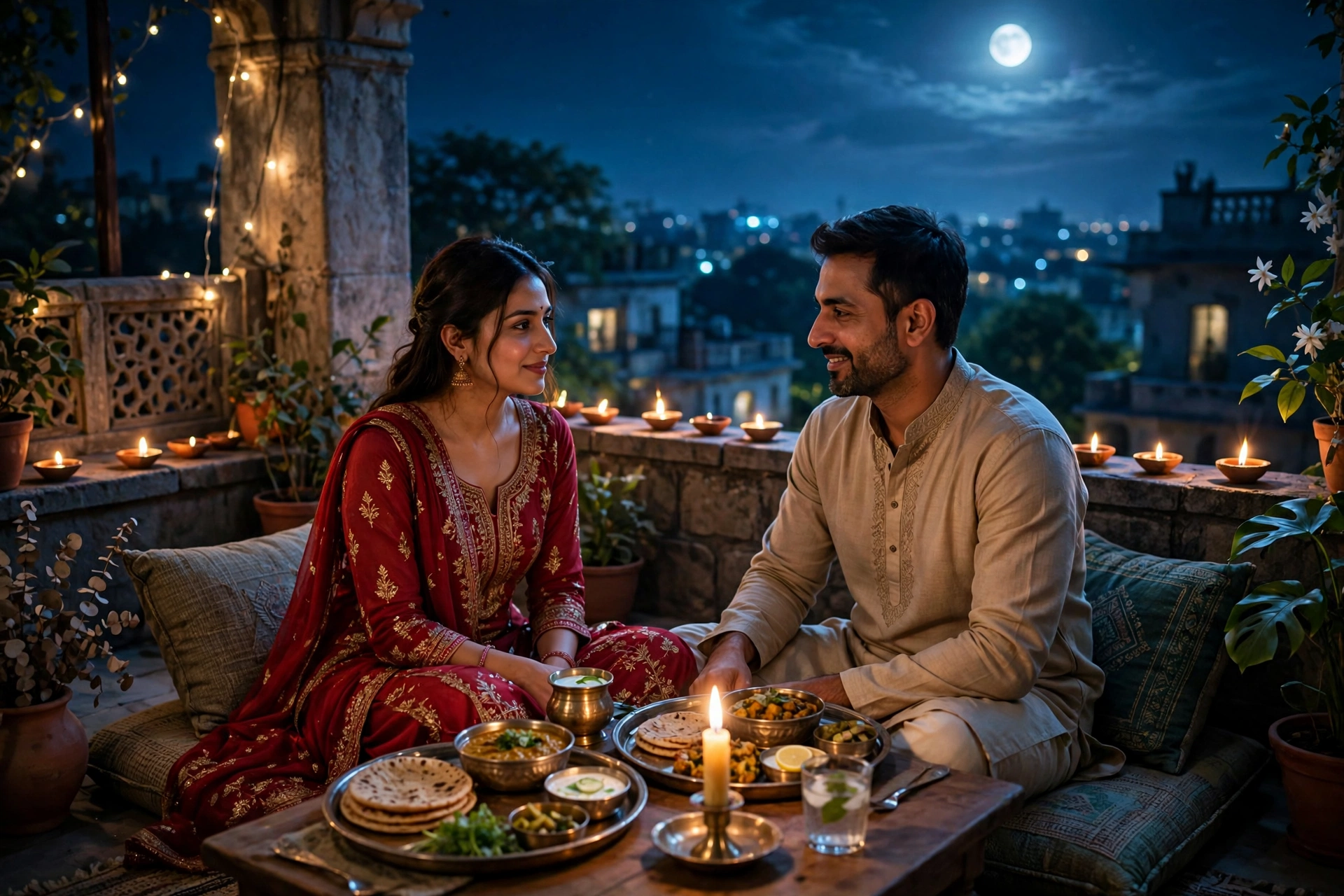 Create an ultra-realistic cinematic photograph of a young married couple enjoying dinner together on a moonlit rooftop terrace after breaking the fast
