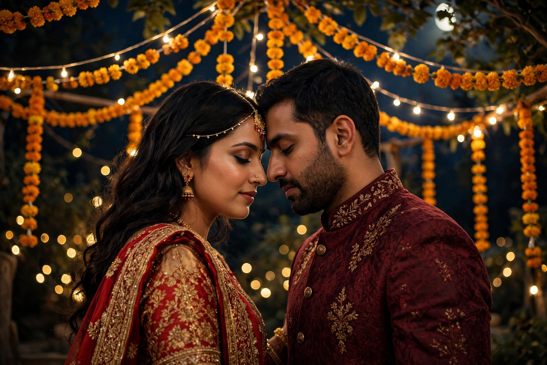 Create an ultra-realistic cinematic photograph of a young married couple standing close under a dense canopy of warm fairy lights and hanging marigold