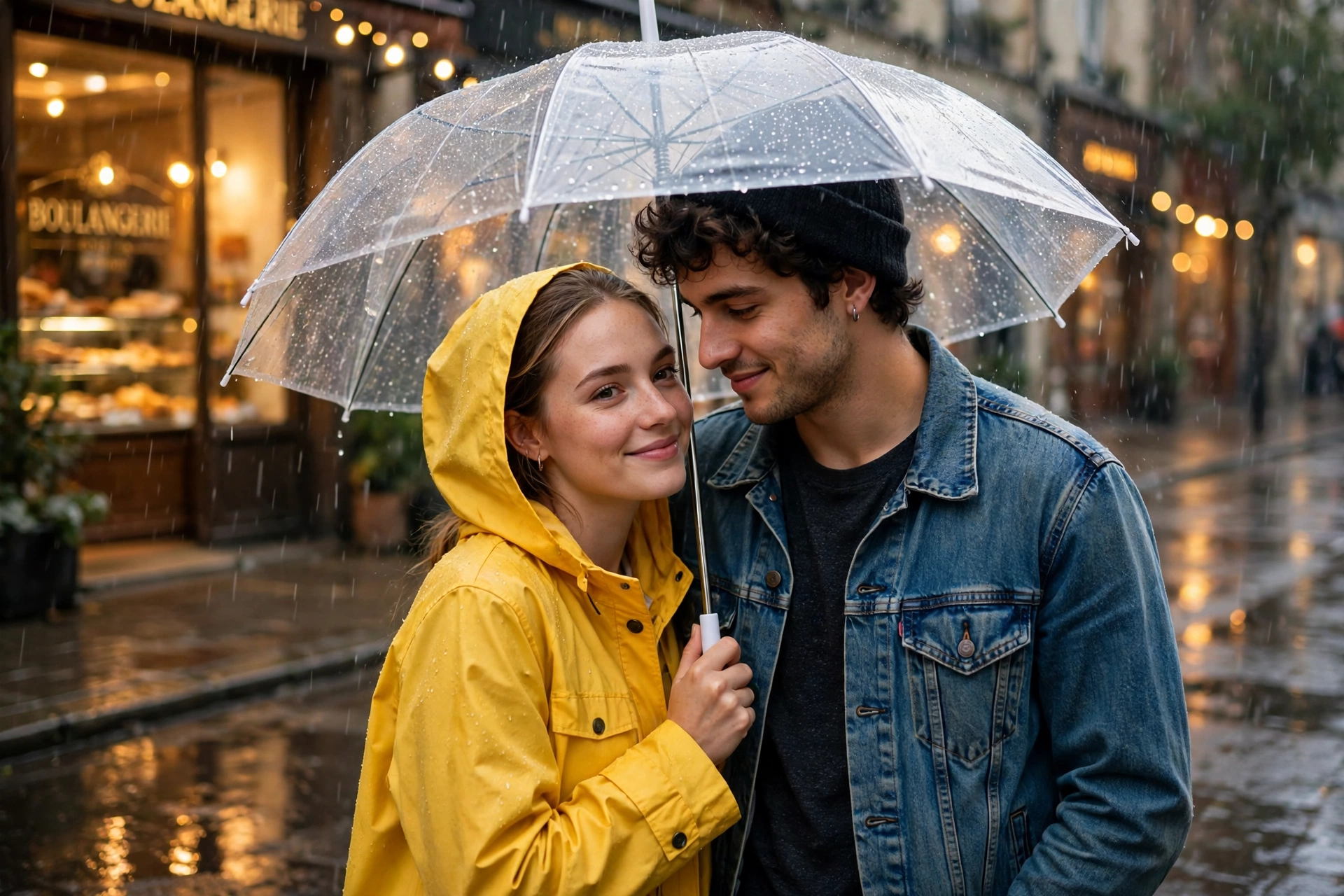 Create an ultra-realistic cinematic photograph of a cute young couple squeezed together under one small transparent umbrella in gentle rain on a quiet