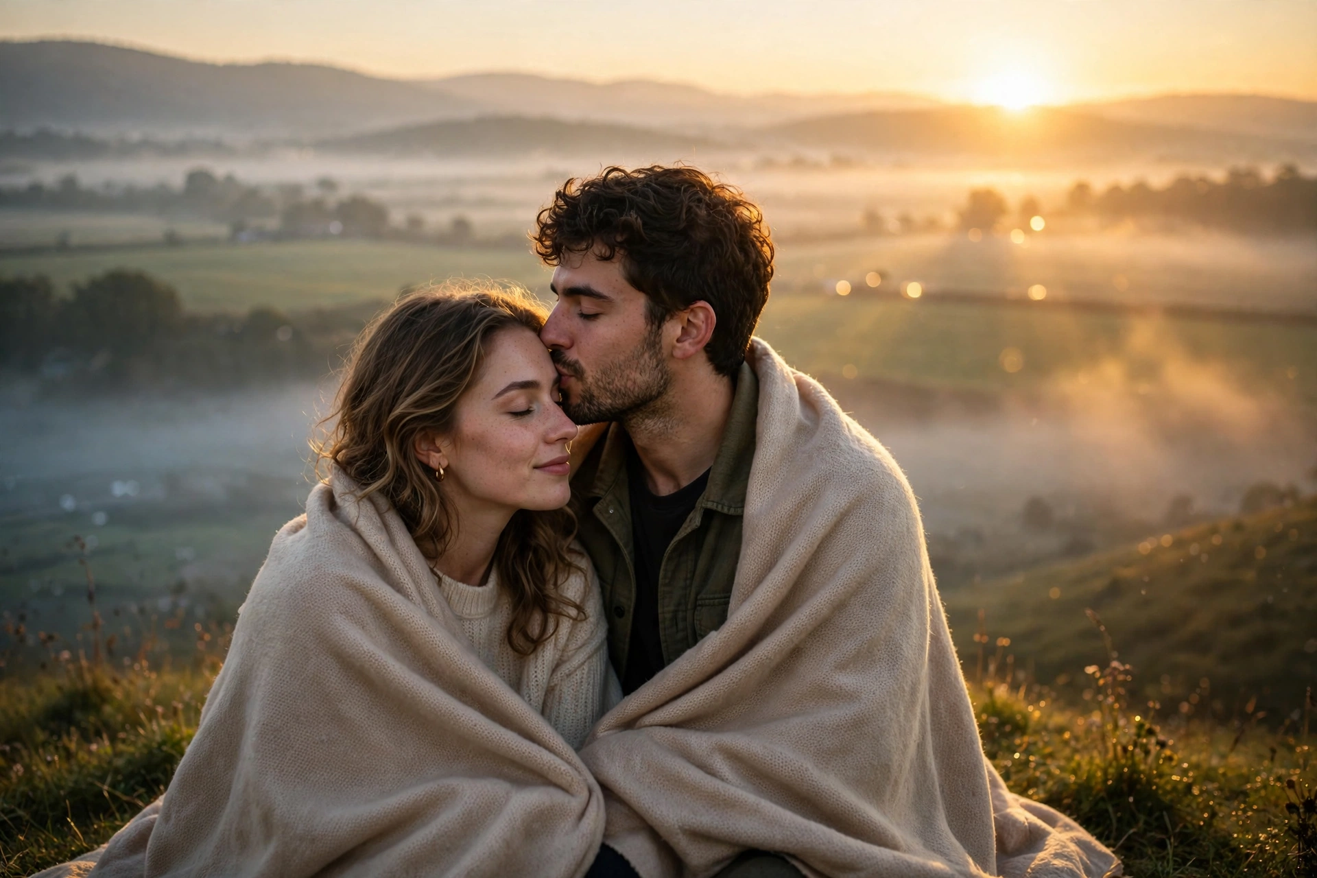 Create an ultra-realistic cinematic photograph of a cute young couple on a hilltop at sunrise, the boy gently kissing the girl's forehead, her eyes cl