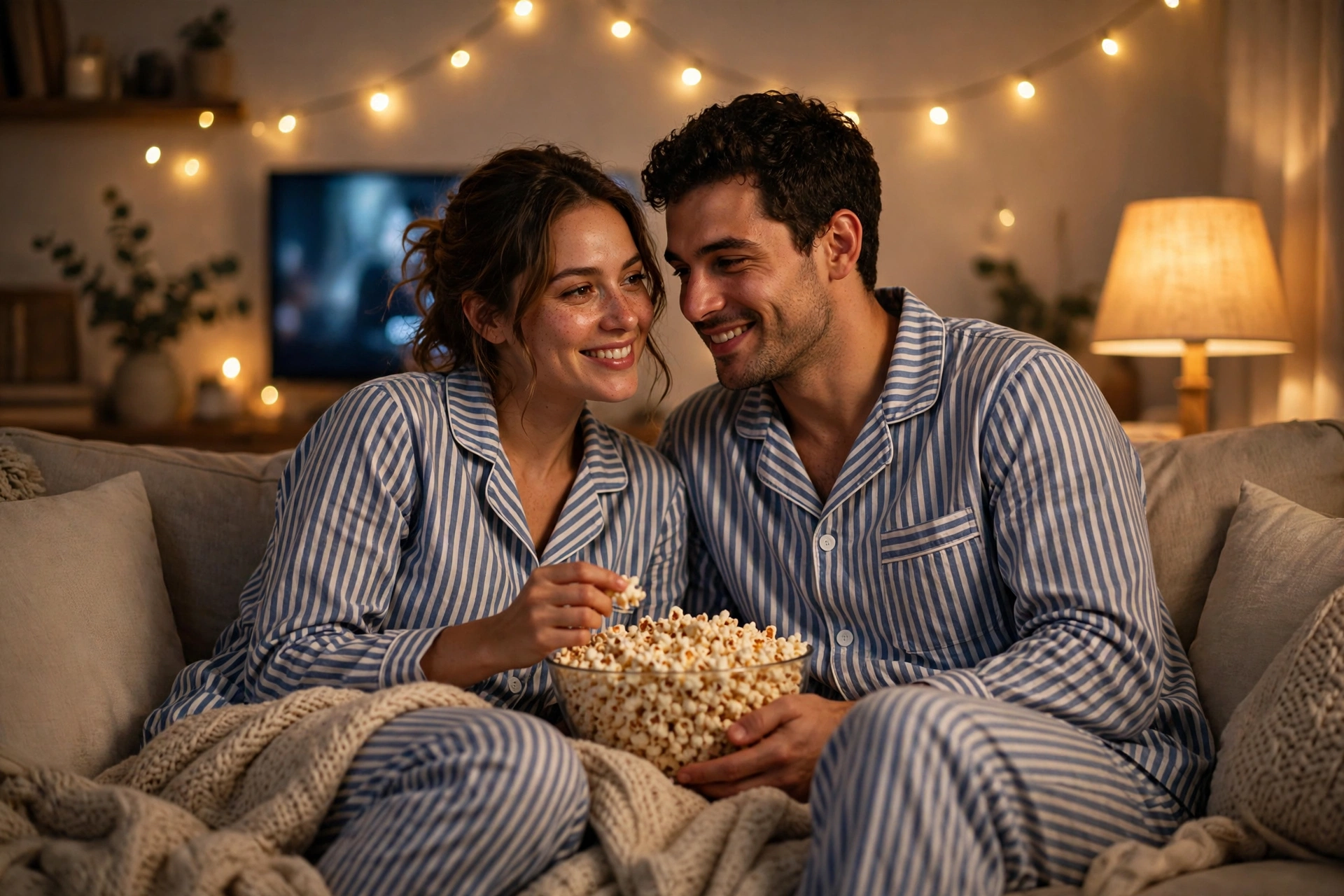 Create an ultra-realistic cinematic photograph of a cute young couple in matching striped pajamas cuddled together on a sofa during a movie night, sha