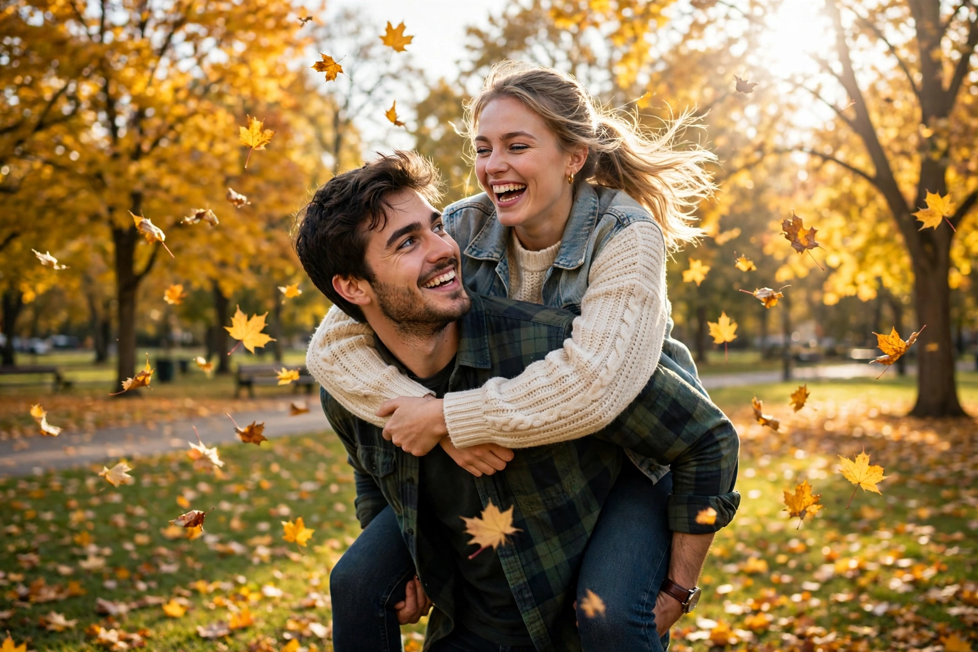 Create an ultra-realistic cinematic photograph of a playful young couple in a green park, the girl riding piggyback on the boy's back, both laughing o