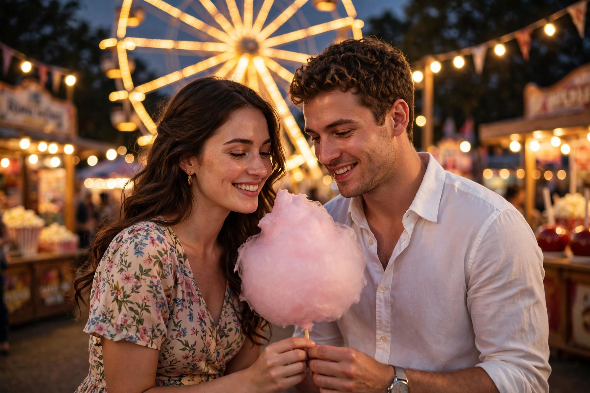 Create an ultra-realistic cinematic photograph of a cute young couple at a colorful evening fair, sharing one big pink cotton candy, each pulling a fl