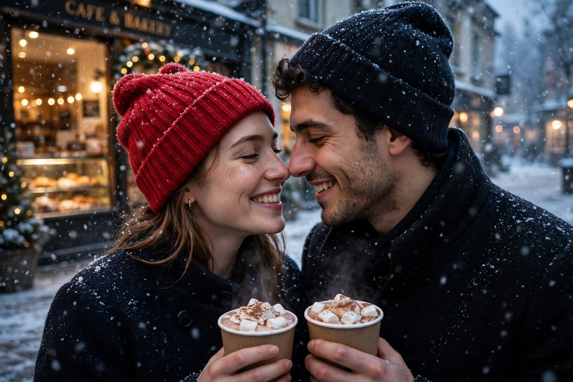 Create an ultra-realistic cinematic photograph of a cute young couple in a snowy street, touching noses gently with eyes closed and soft smiles, snowf