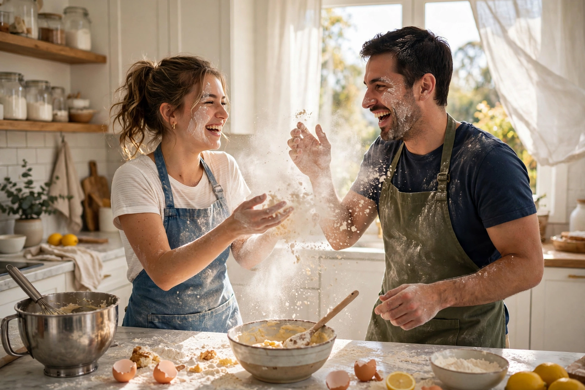 Create an ultra-realistic cinematic photograph of a cute young couple in a bright home kitchen mid flour fight while baking, both laughing with flour