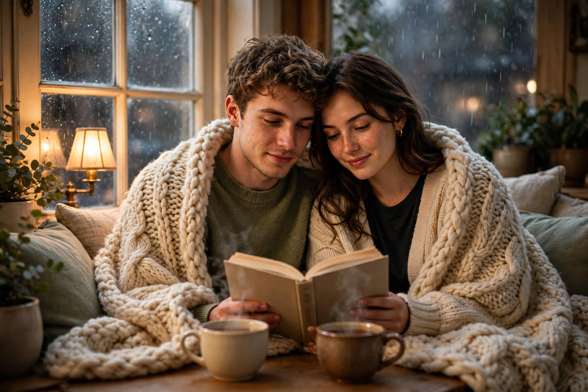 Create an ultra-realistic cinematic photograph of a cute young couple tucked together under one soft knitted blanket on a window seat, reading the sam