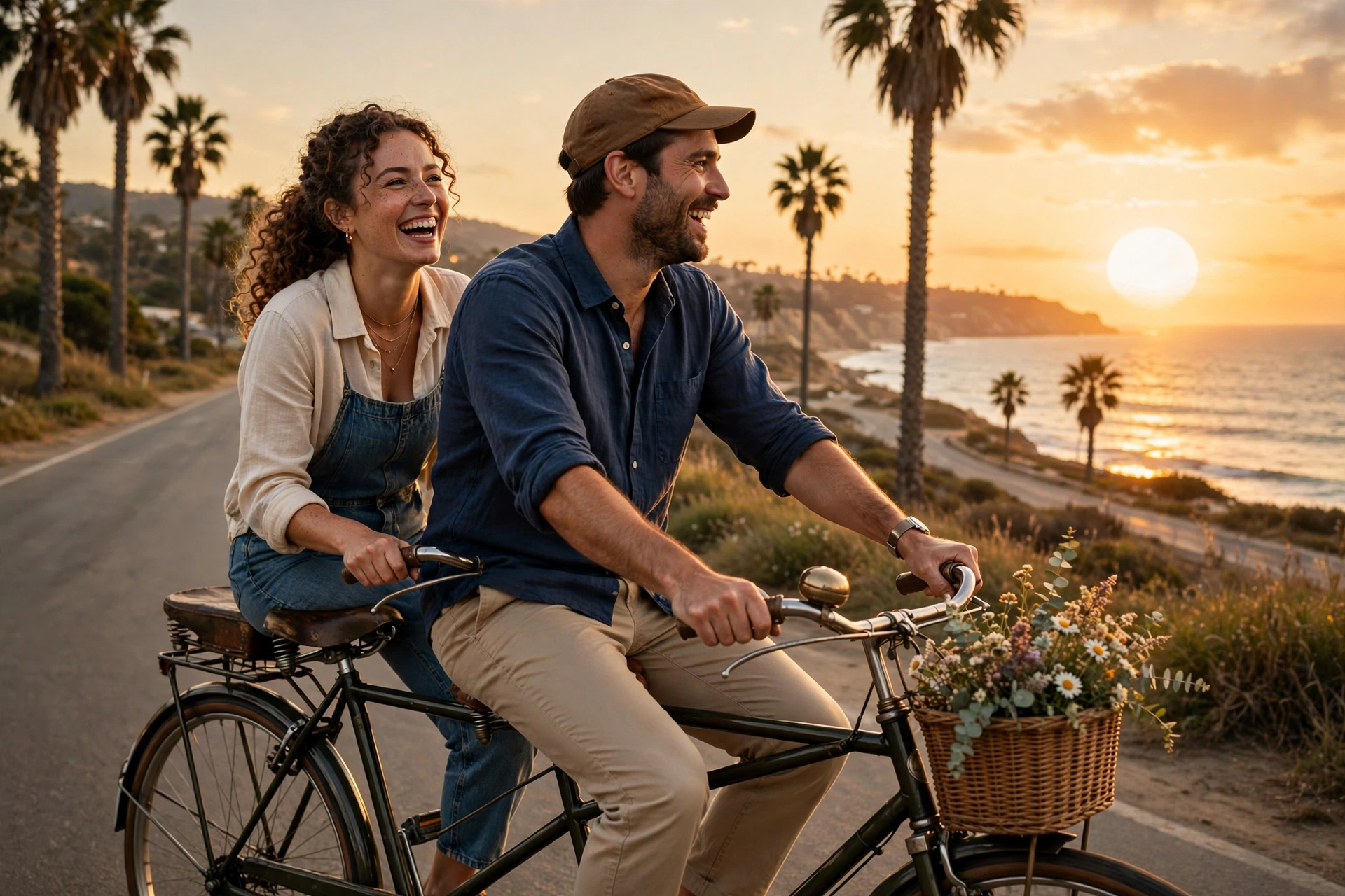 Create an ultra-realistic cinematic photograph of a cute young couple riding a vintage tandem bicycle together along a seaside road at sunset, the gir