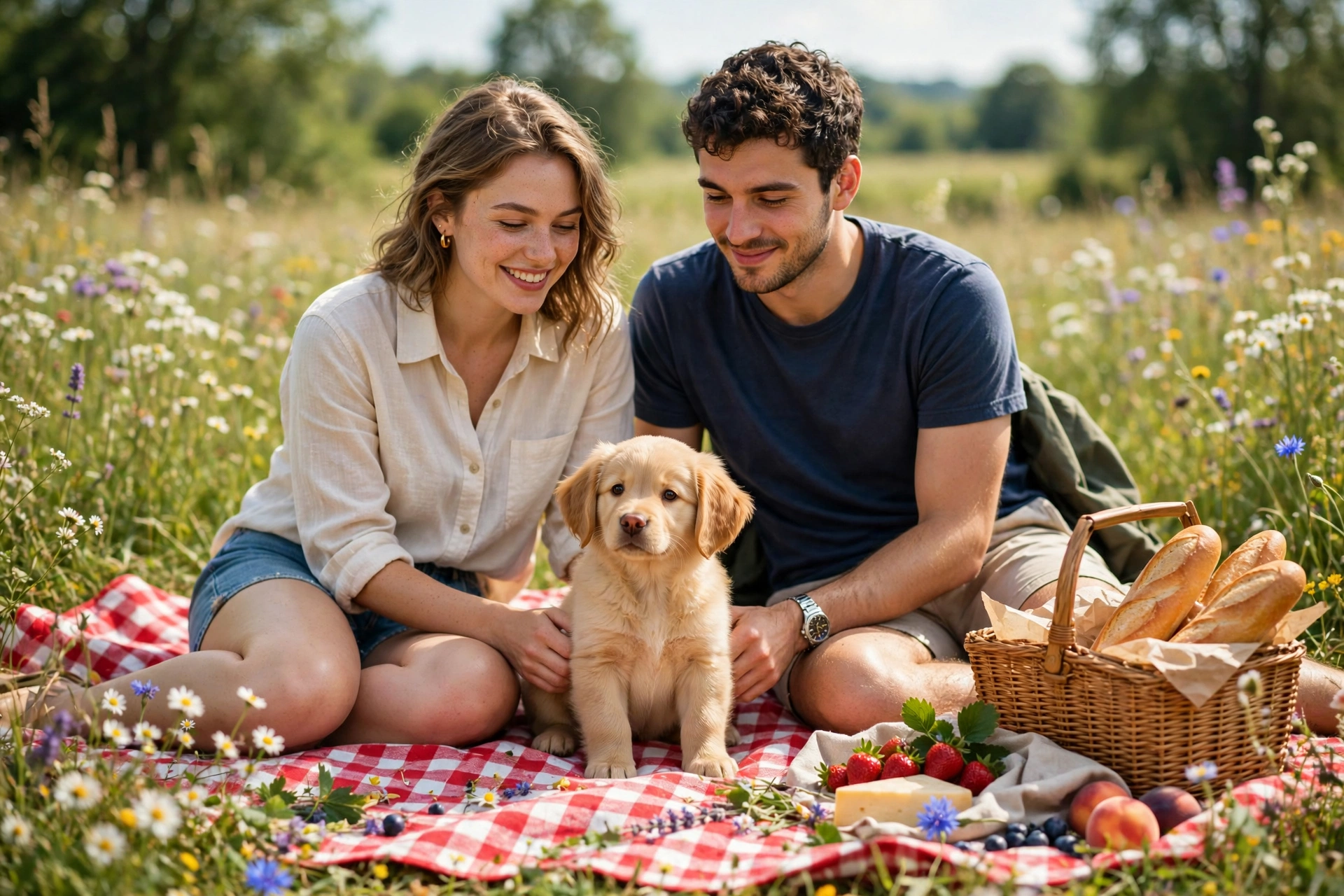 Create an ultra-realistic cinematic photograph of a cute young couple on a red checkered picnic blanket in a sunny meadow, sharing sandwiches and lemo