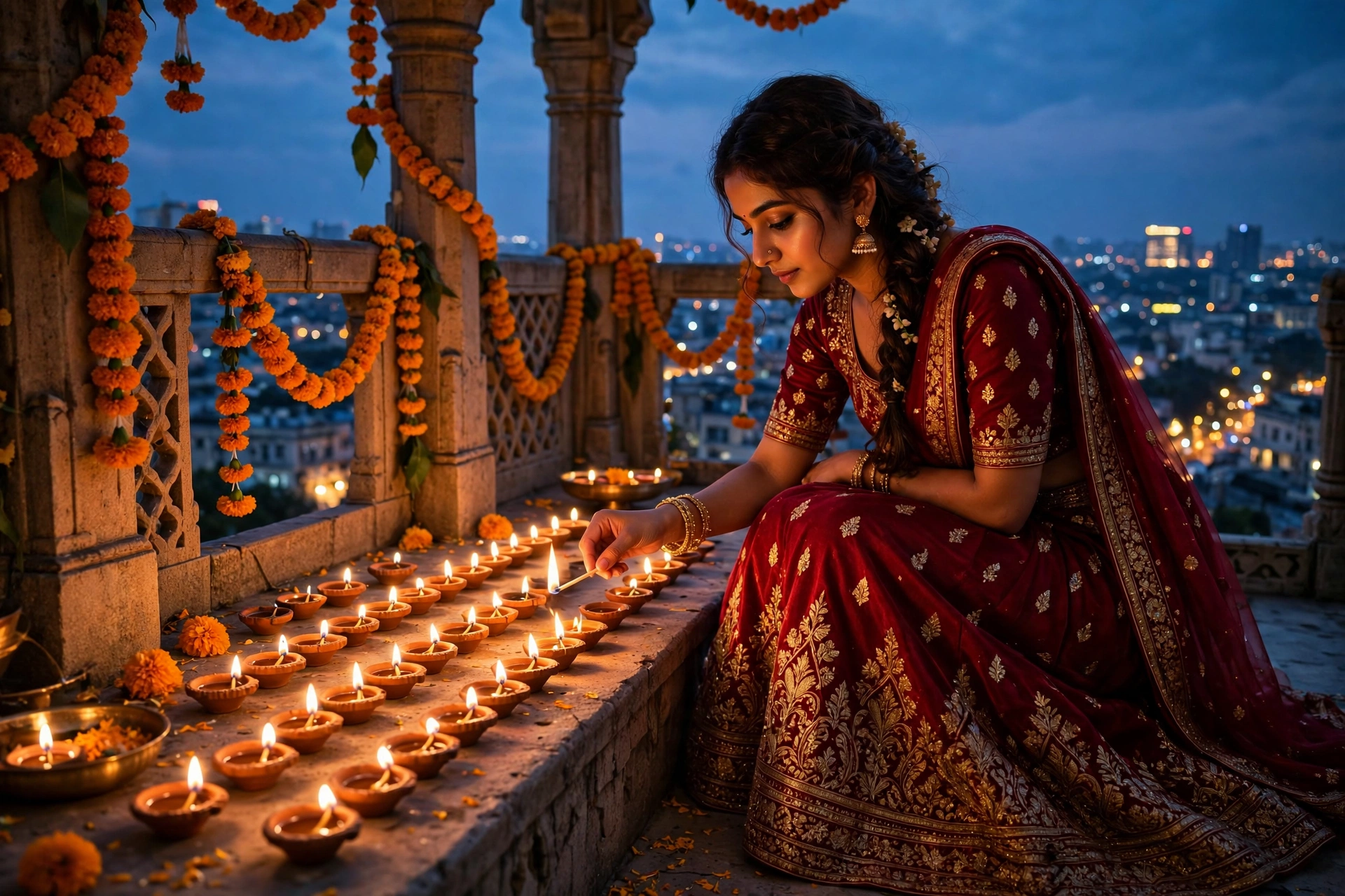 Create an ultra-realistic cinematic photograph of a young woman in a deep red embroidered lehenga lighting rows of clay diyas on a balcony at dusk, ma