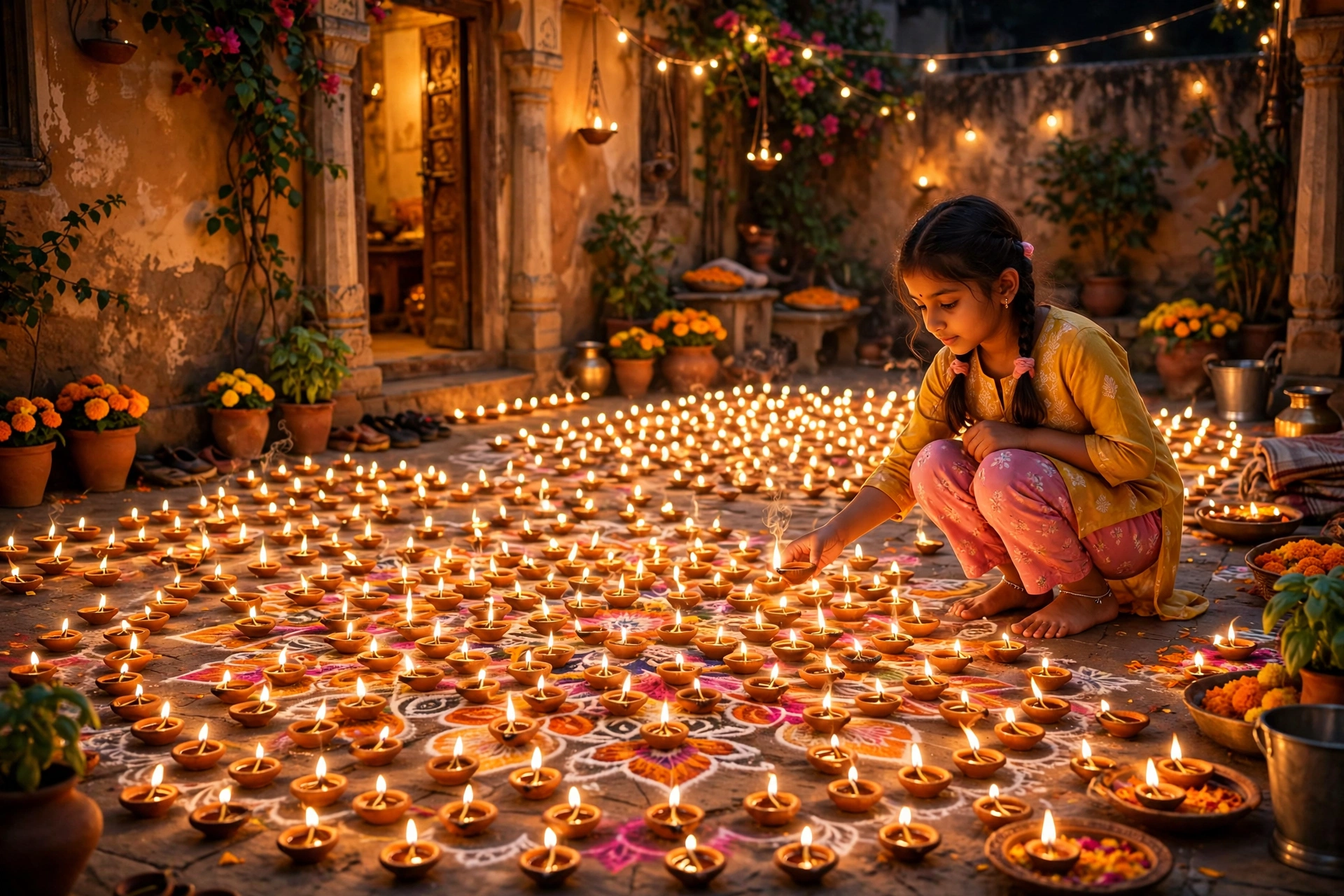 Create an ultra-realistic cinematic photograph of a family courtyard glowing with hundreds of diyas arranged in a rangoli pattern, a young girl placin