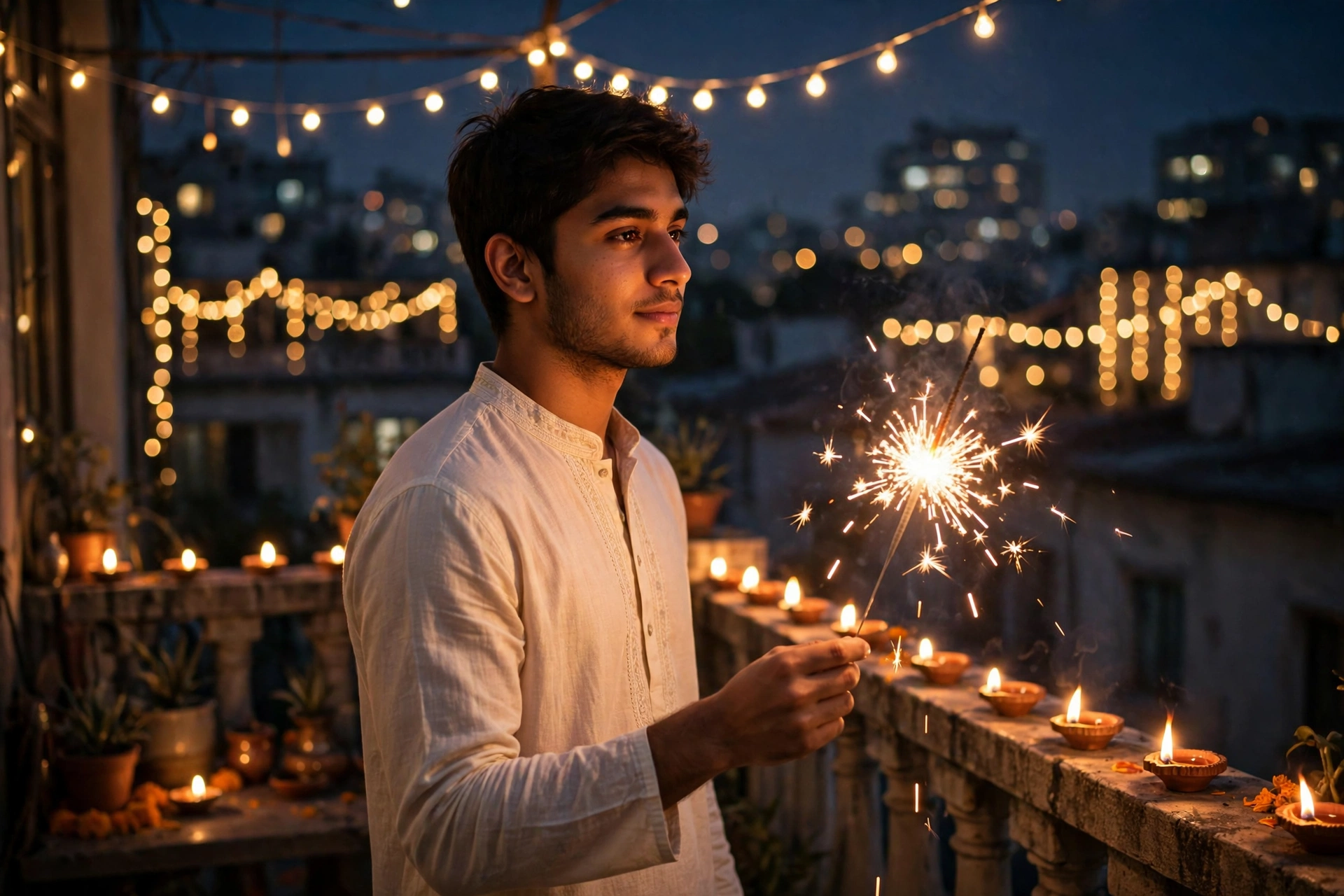Create an ultra-realistic cinematic photograph of a young man in a cream kurta holding a sparkler on a rooftop terrace, diyas lining the railing, fest