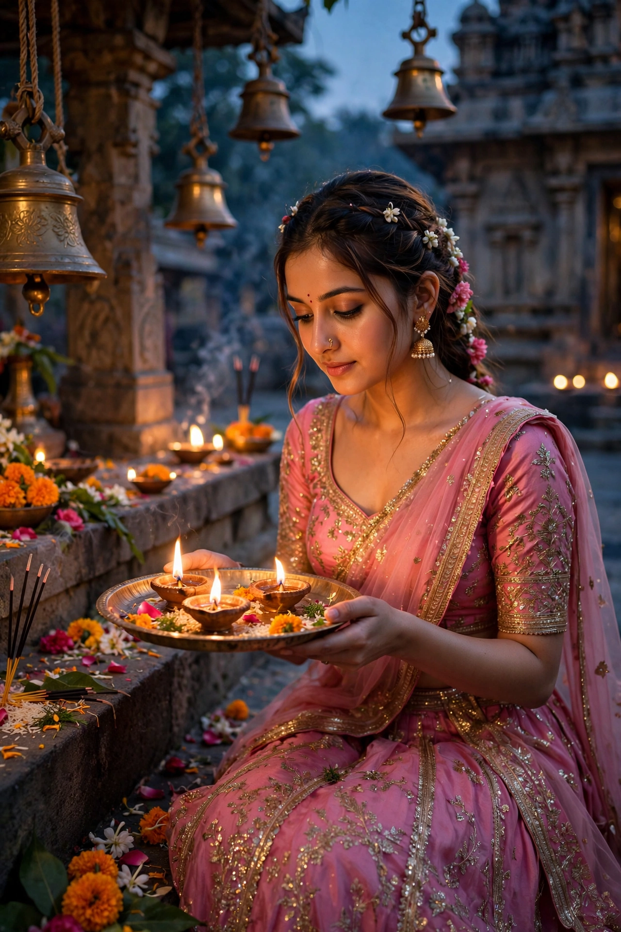 Create an ultra-realistic cinematic photograph of a young woman in a pink lehenga holding a brass diya plate during evening prayers, temple bells and
