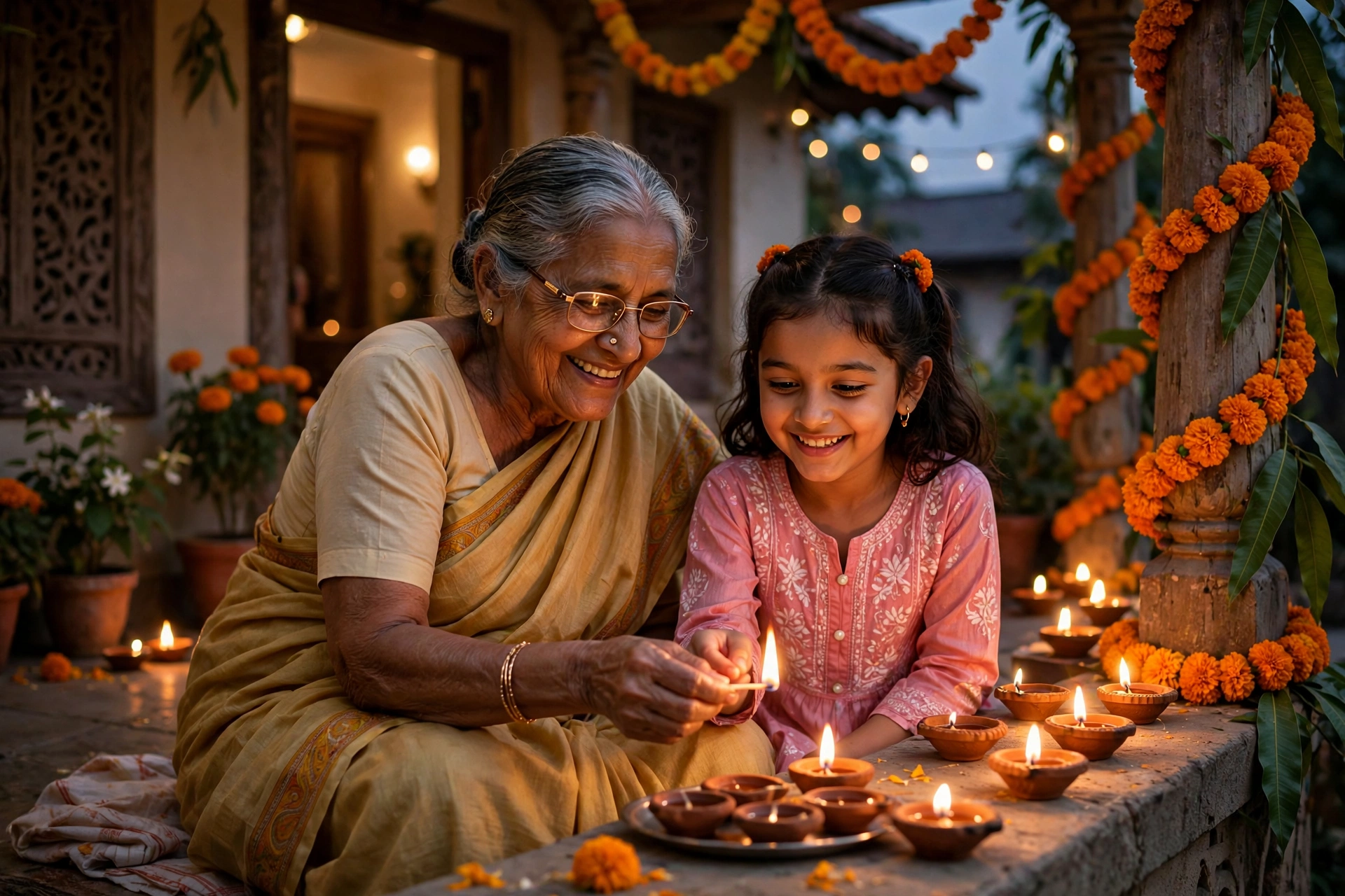 Create an ultra-realistic cinematic photograph of an elderly grandmother and granddaughter lighting diyas together on a veranda, warm smiles and marig