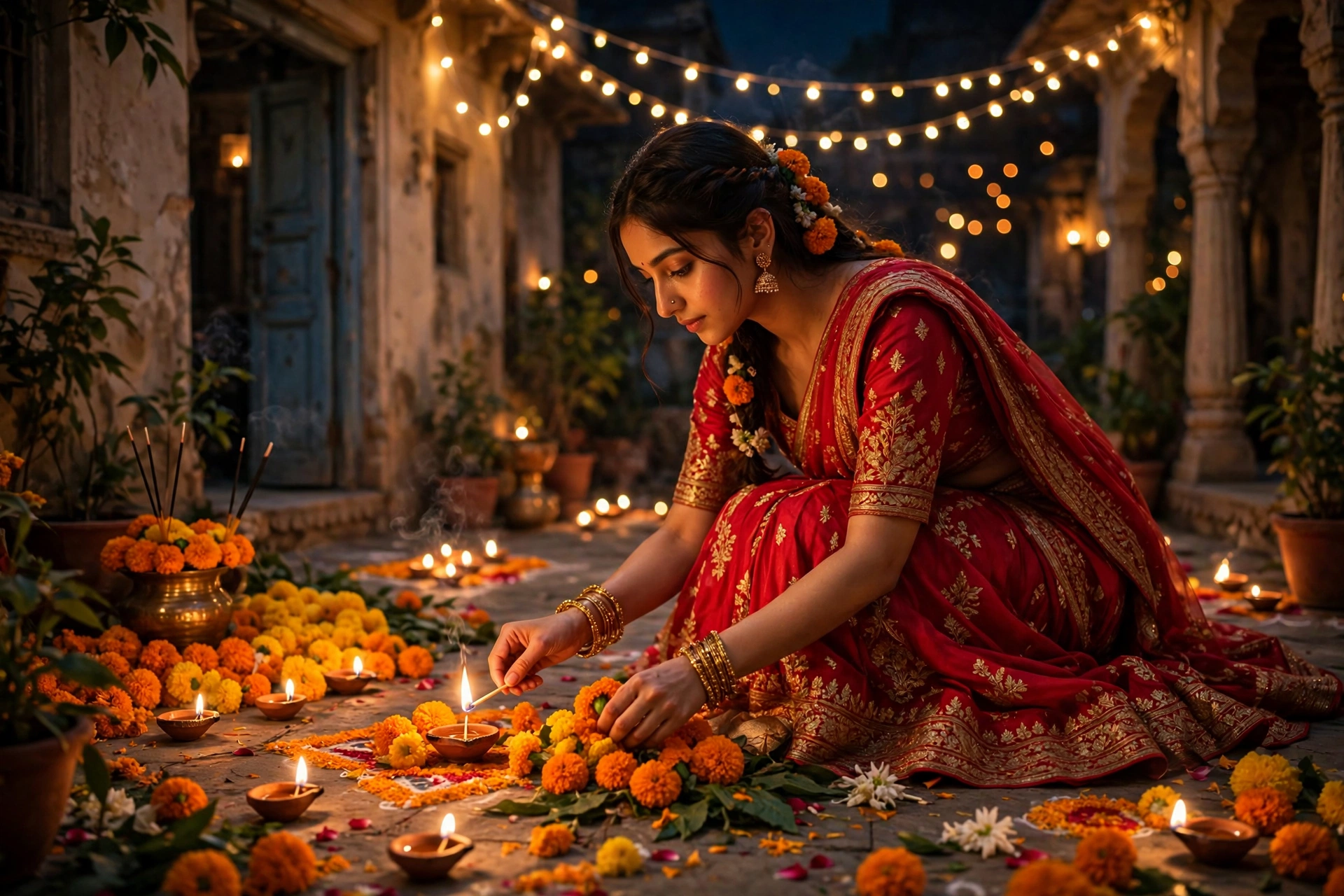 Create an ultra-realistic cinematic photograph of a young woman in a red lehenga lighting diyas and arranging marigolds in a flower-filled courtyard o