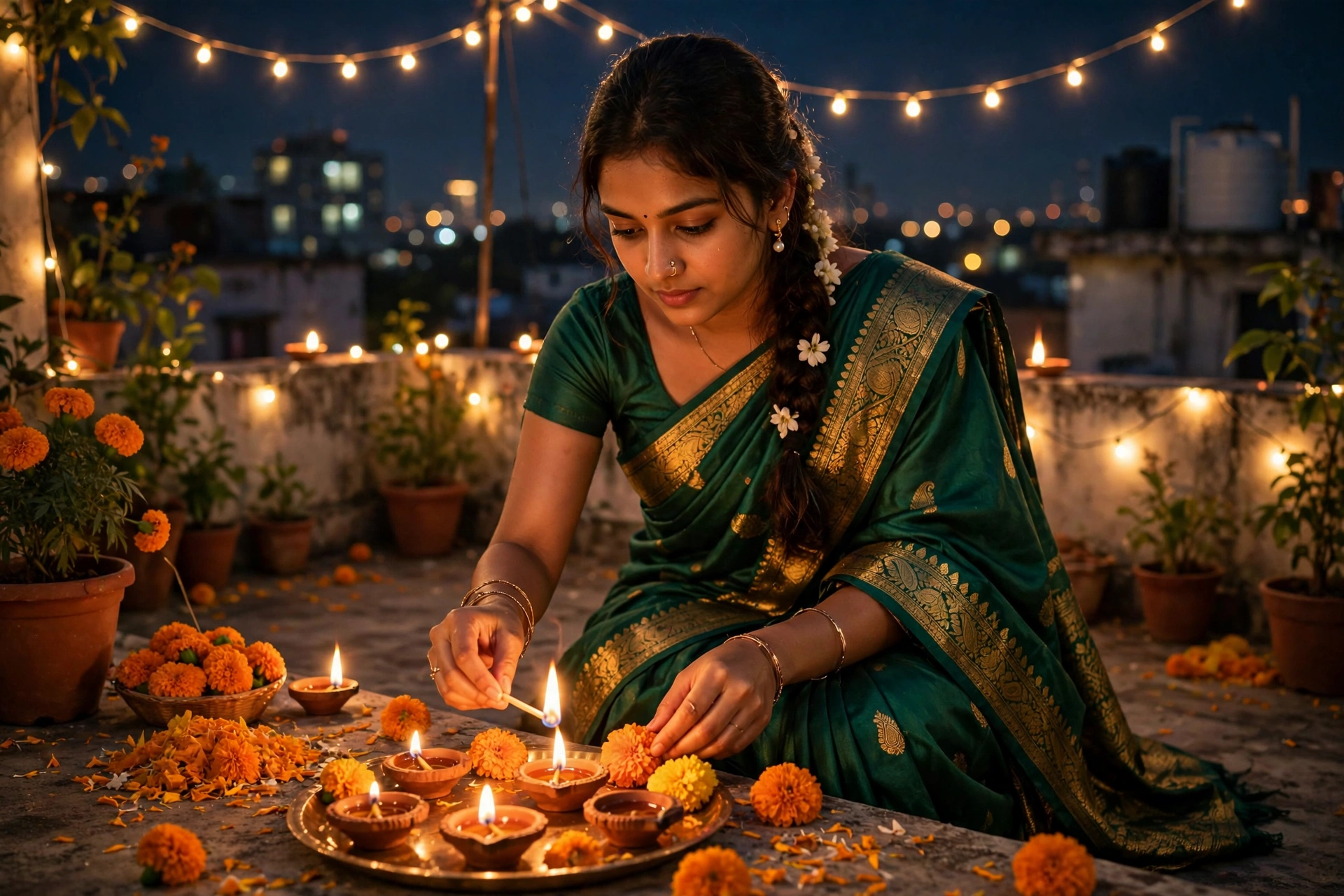 Create an ultra-realistic cinematic photograph of a young woman in a emerald saree lighting diyas and arranging marigolds in a rooftop terrace on Diwa